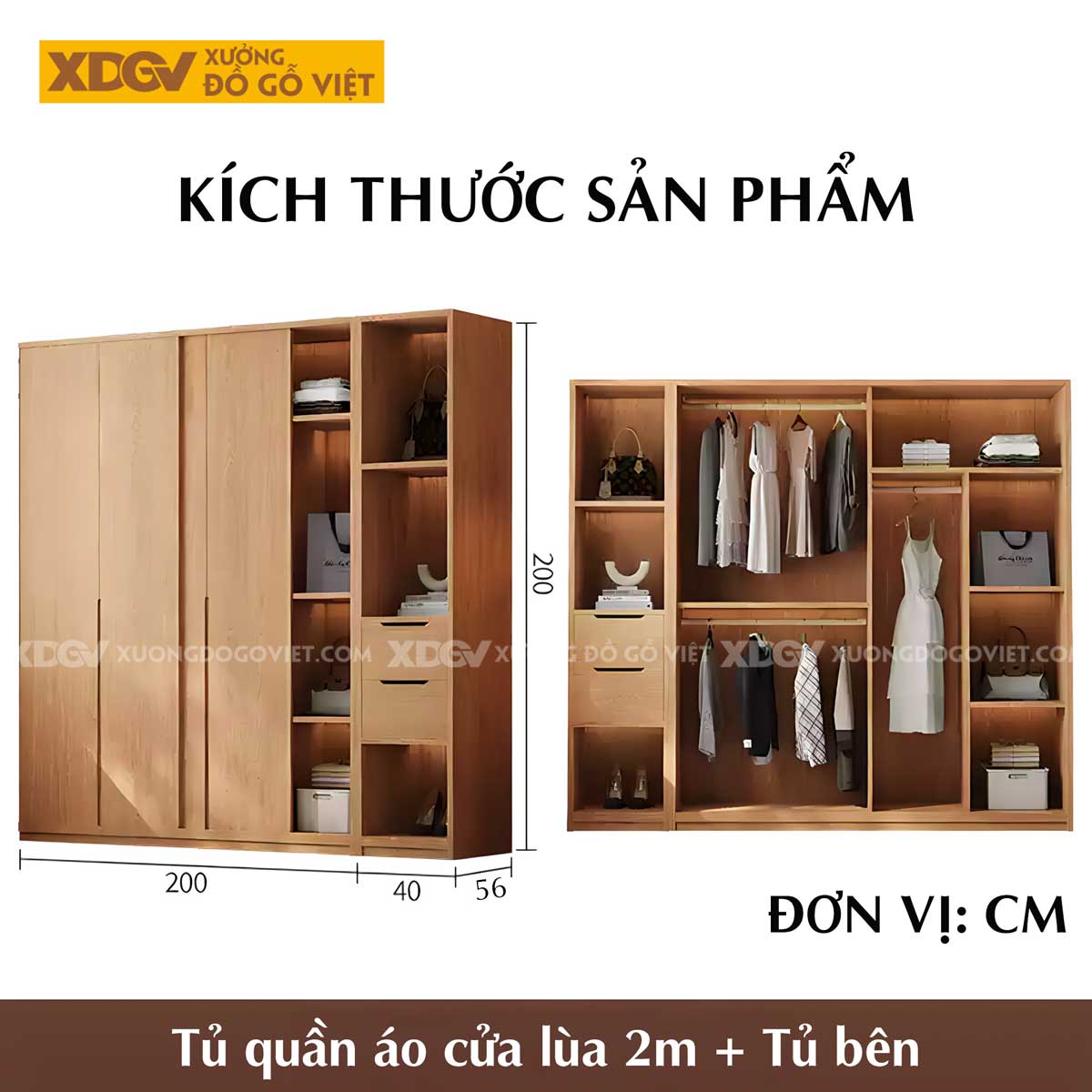 Tủ Quần Áo Gỗ Veneer Sồi Cửa Lùa 4 Buồng Tay Nắm Âm Đẹp