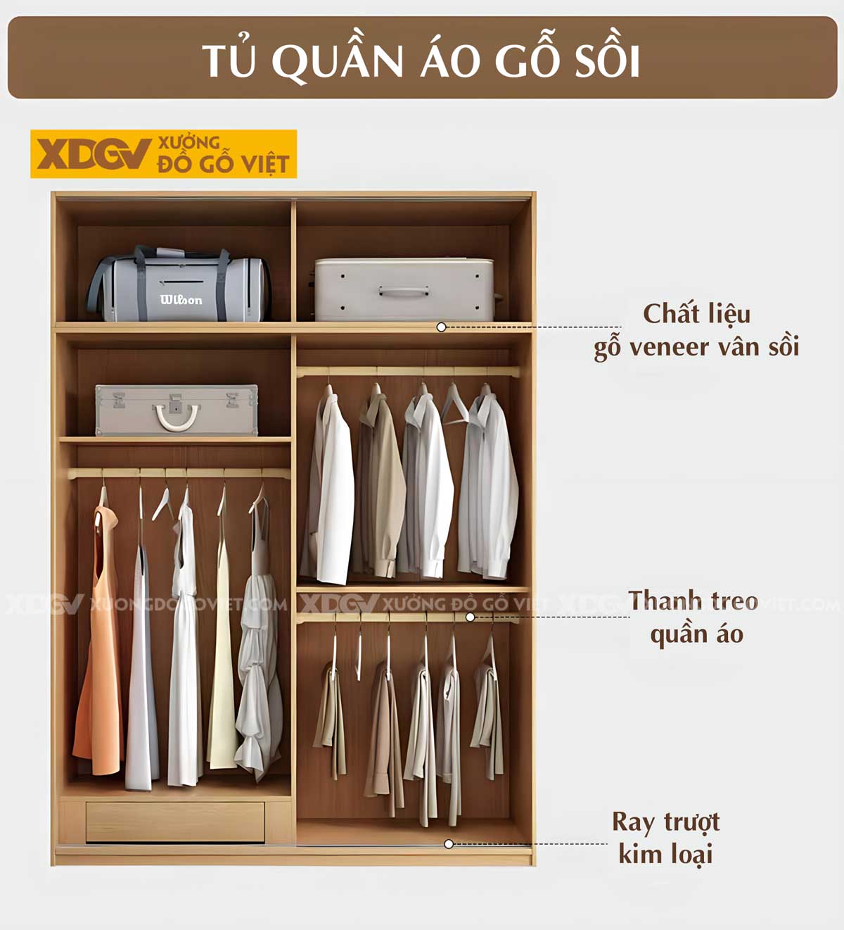 Tủ Quần Áo Gỗ Veneer Sồi Cửa Lùa Thêm Ngăn Nóc Và Kệ Bên