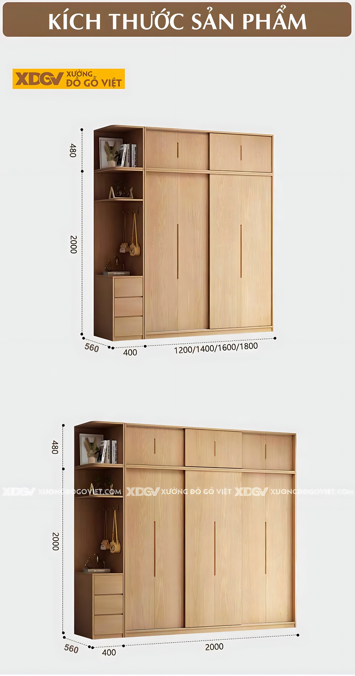 Tủ Quần Áo Gỗ Veneer Sồi Cửa Lùa Thêm Ngăn Nóc Và Kệ Bên