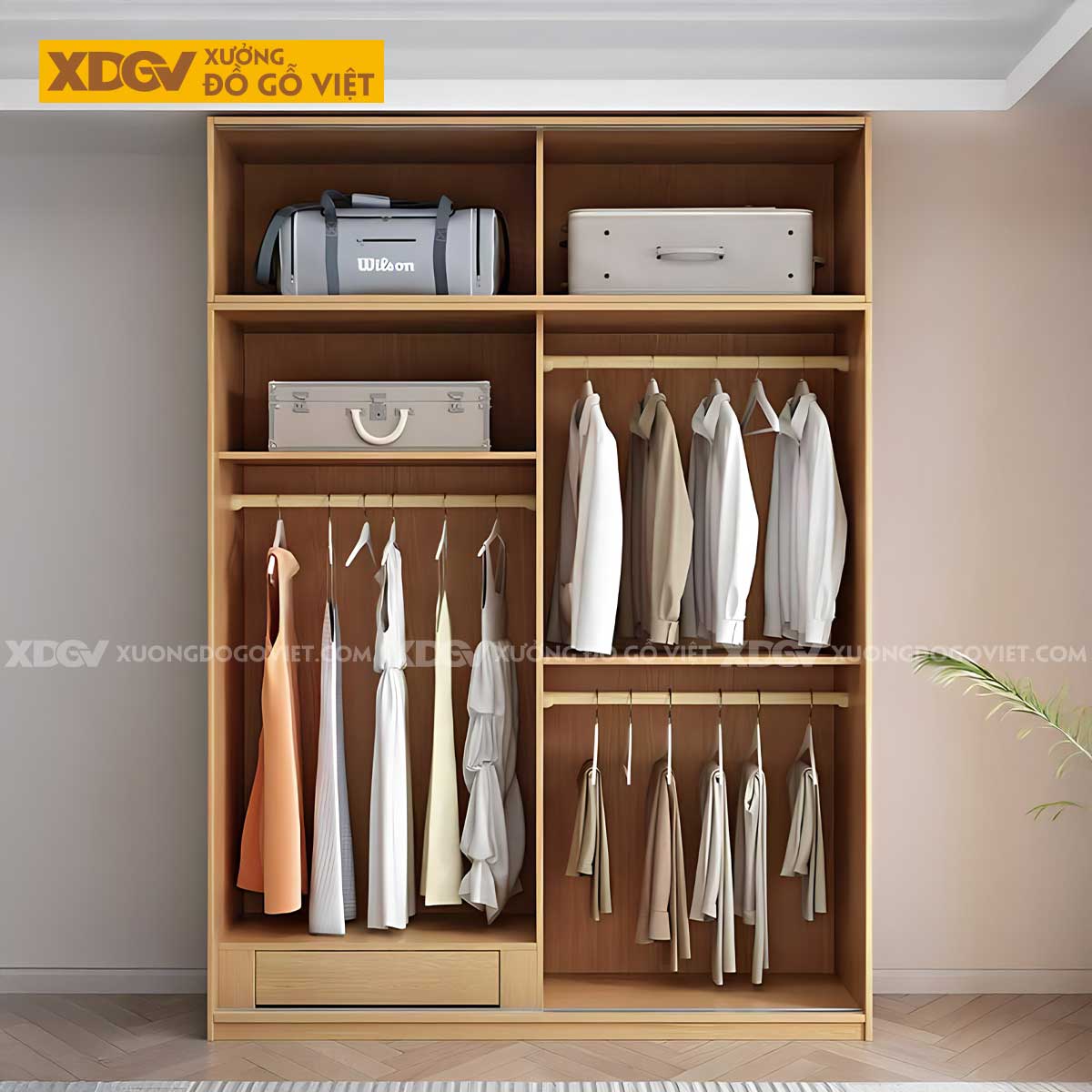 Tủ Quần Áo Gỗ Veneer Sồi Cửa Lùa Thêm Ngăn Nóc Và Kệ Bên