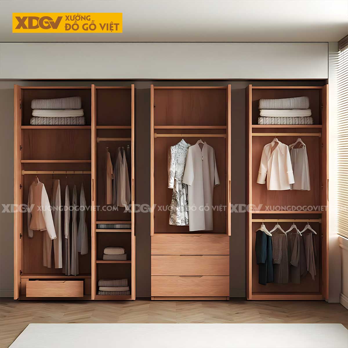 Tủ Quần Áo Gỗ Veneer Sồi Hiện Đại Tiện Lợi Nhiều Ngăn Để Đồ
