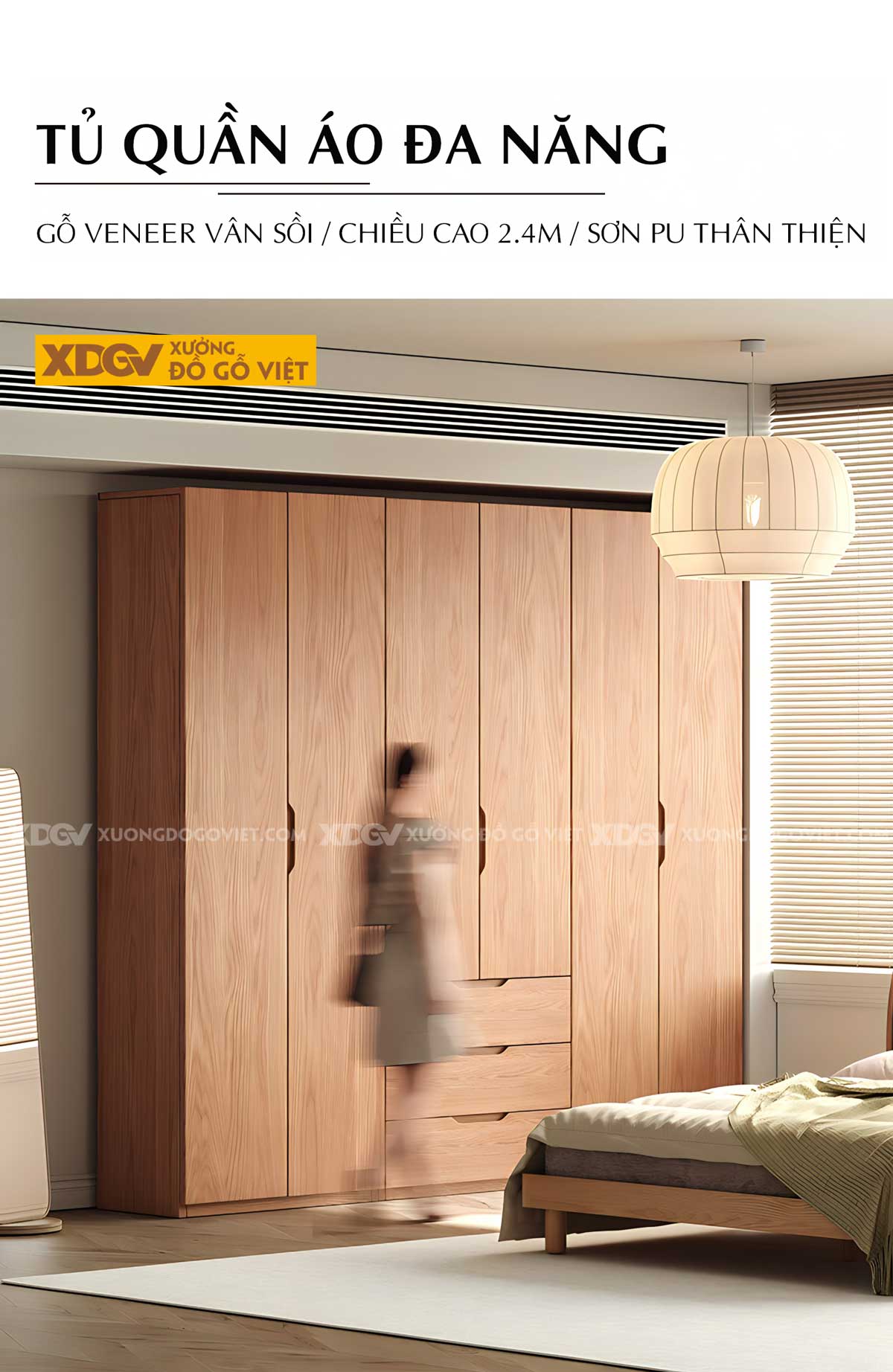 Tủ Quần Áo Gỗ Veneer Sồi Hiện Đại Tiện Lợi Nhiều Ngăn Để Đồ