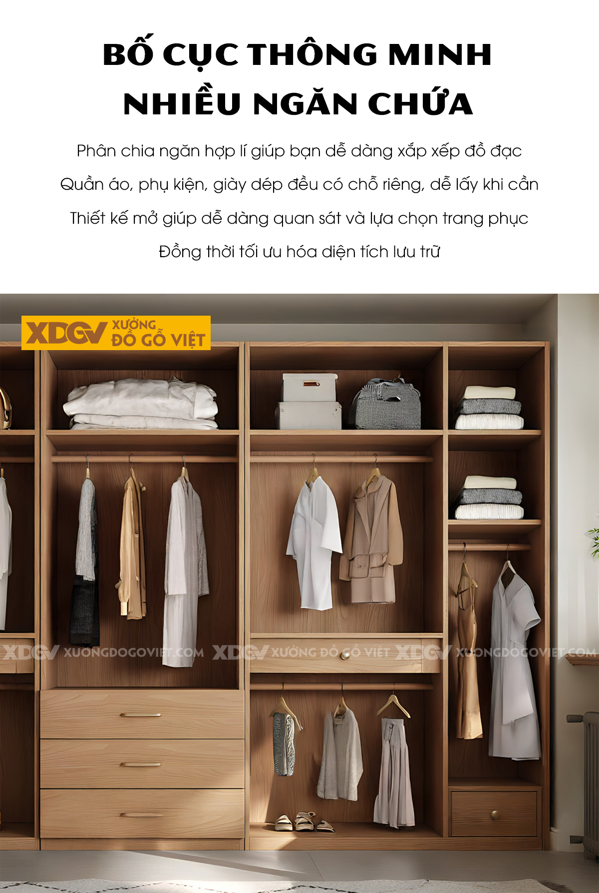 Tủ Quần Áo Gỗ Veneer Sồi Kết Hợp Bàn Trang Điểm Đa Năng