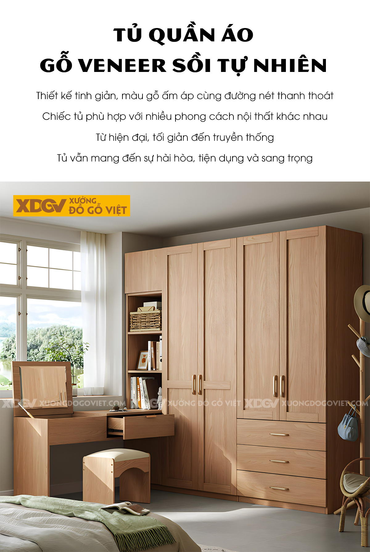 Tủ Quần Áo Gỗ Veneer Sồi Kết Hợp Bàn Trang Điểm Đa Năng