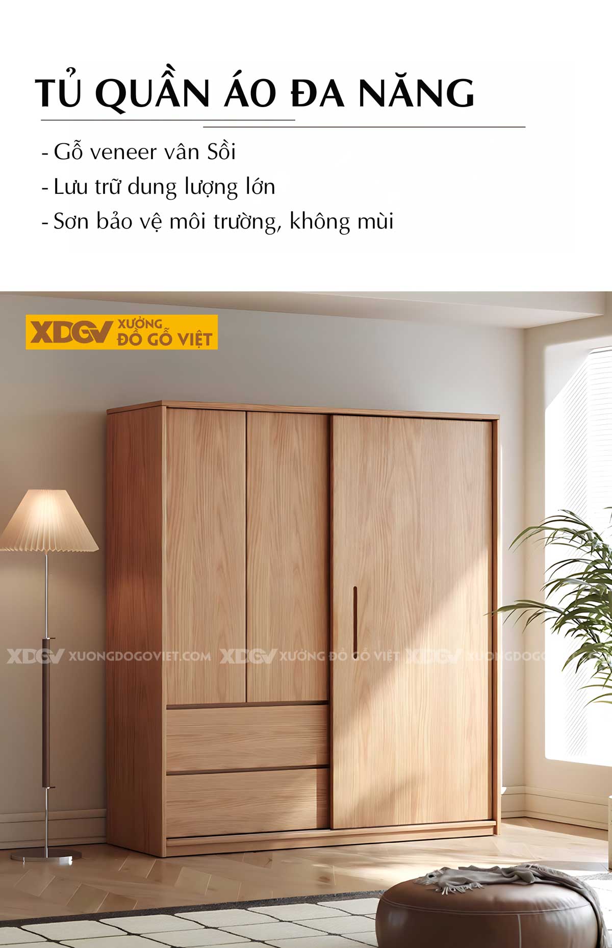 Tủ Quần Áo Gỗ Veneer Sồi Kết Hợp Cửa Lùa & Cửa Mở Linh Hoạt