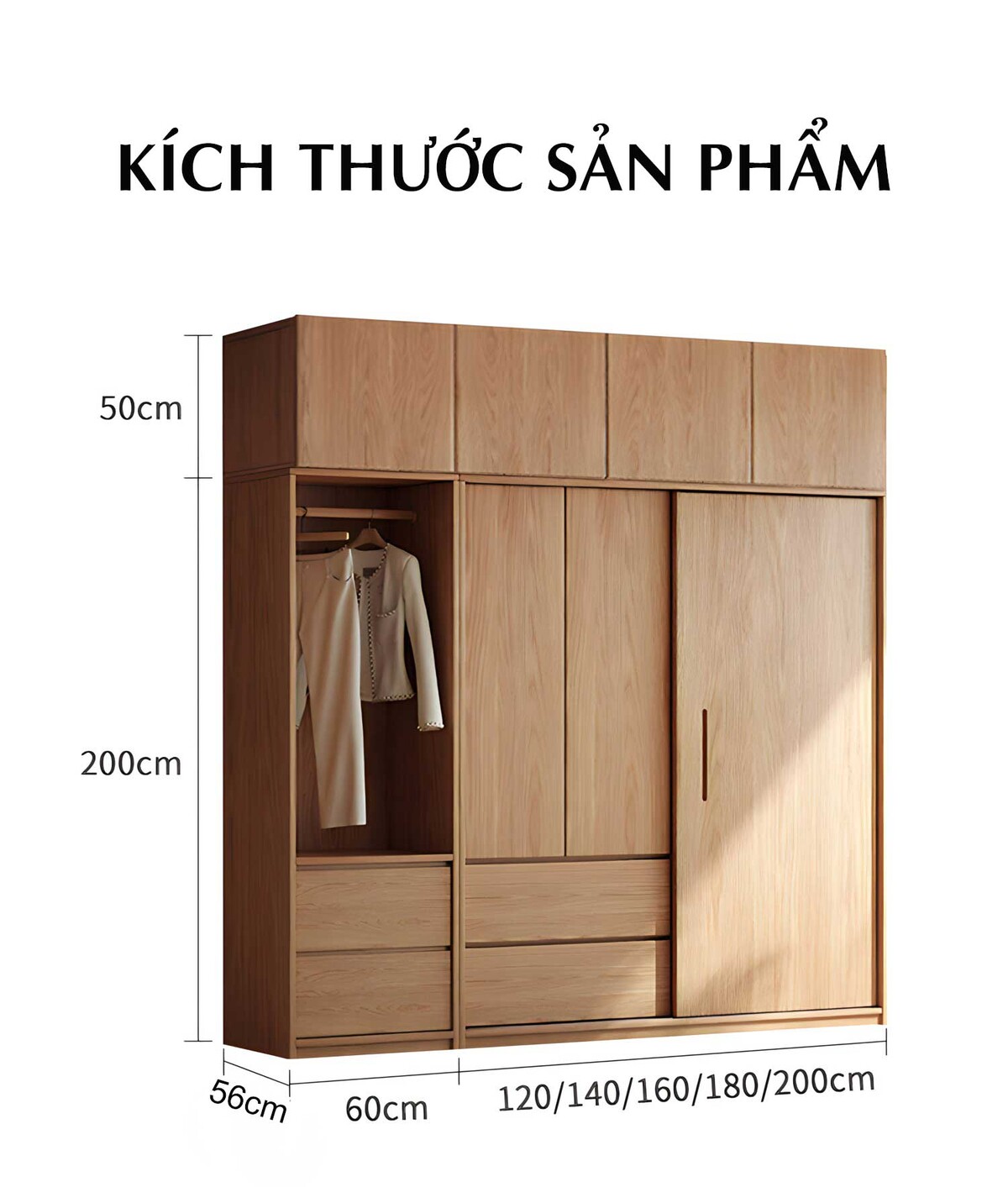 Tủ Quần Áo Gỗ Veneer Sồi Kết Hợp Cửa Lùa & Cửa Mở Linh Hoạt