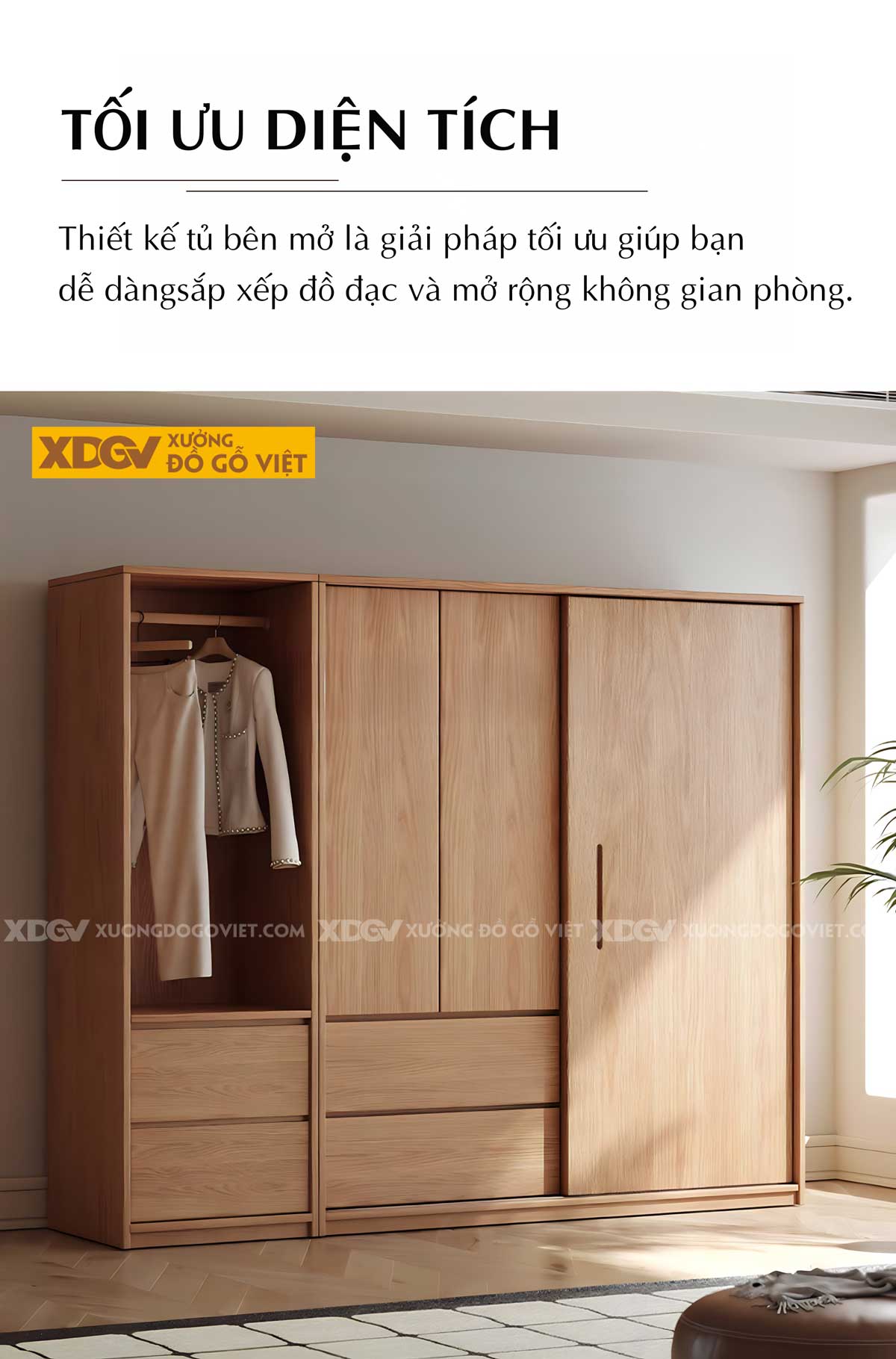 Tủ Quần Áo Gỗ Veneer Sồi Kết Hợp Cửa Lùa & Cửa Mở Linh Hoạt