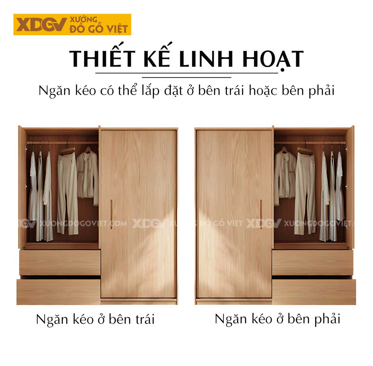 Tủ Quần Áo Gỗ Veneer Sồi Kết Hợp Cửa Lùa & Cửa Mở Linh Hoạt