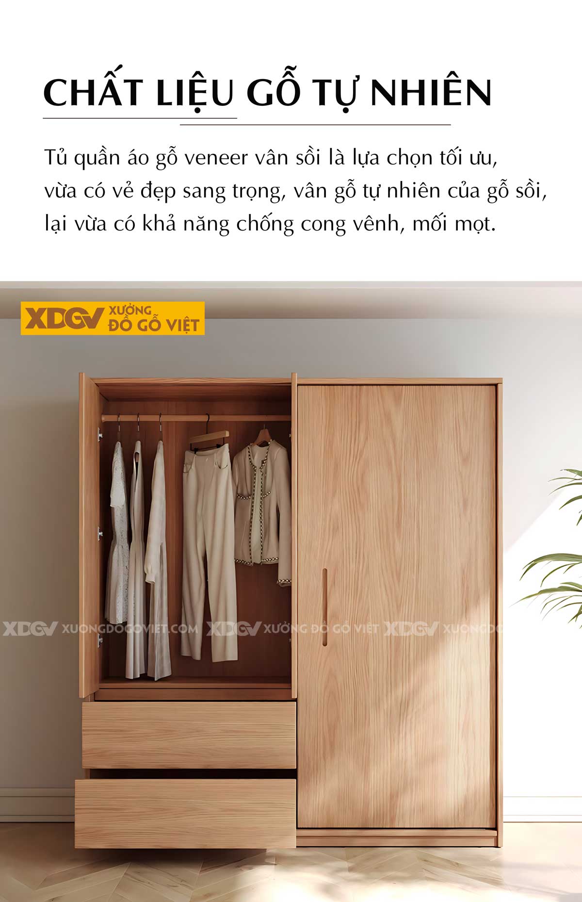 Tủ Quần Áo Gỗ Veneer Sồi Kết Hợp Cửa Lùa & Cửa Mở Linh Hoạt