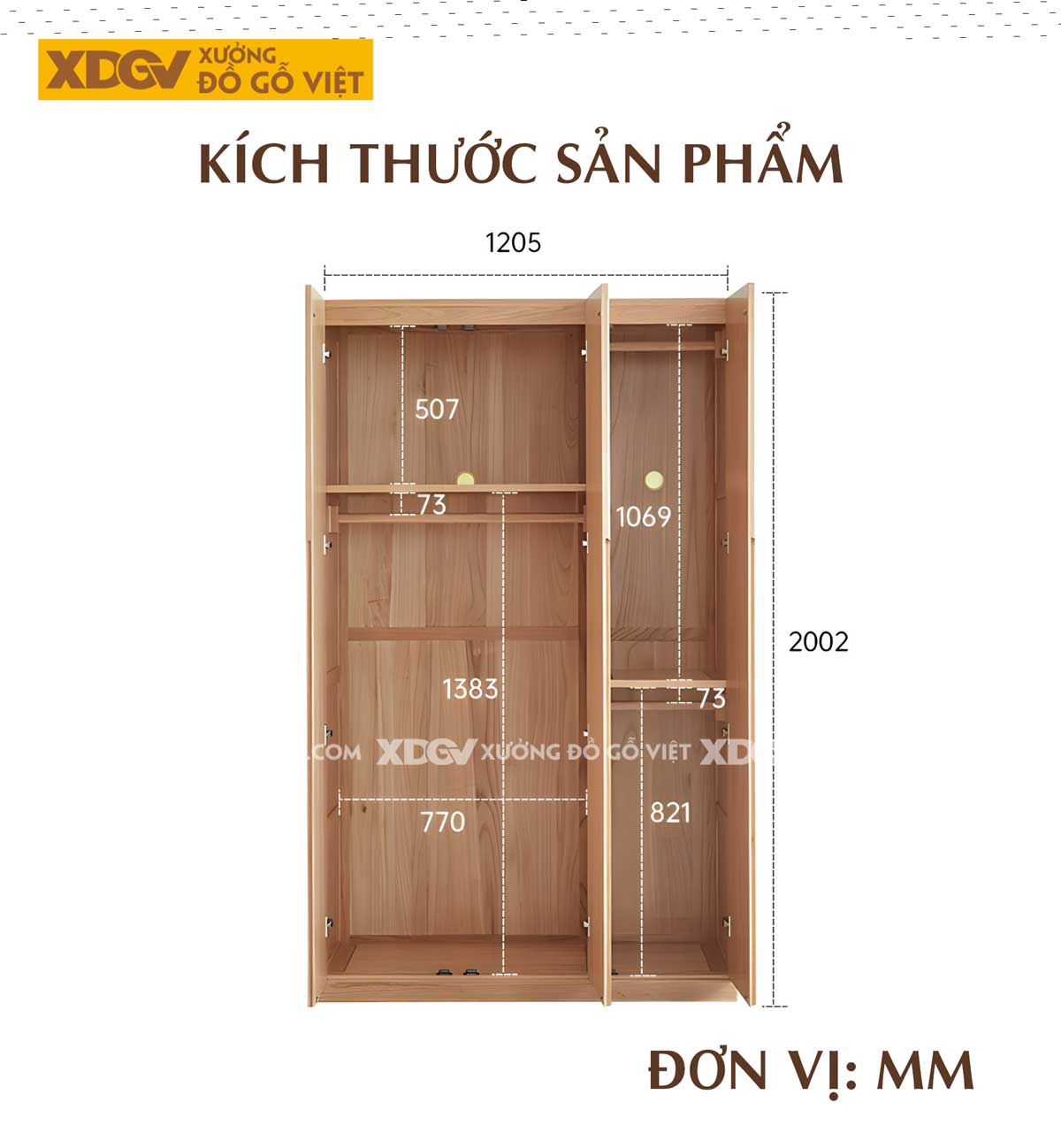Tủ Quần Áo Gỗ Veneer Sồi Màu Óc Chó Cửa Mở Tay Nắm Âm
