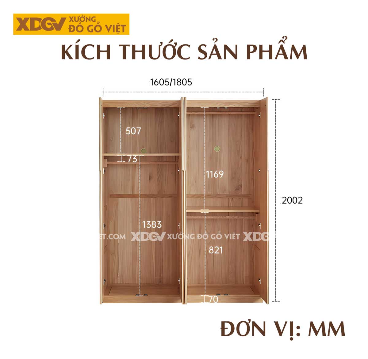 Tủ Quần Áo Gỗ Veneer Sồi Màu Óc Chó Cửa Mở Tay Nắm Âm