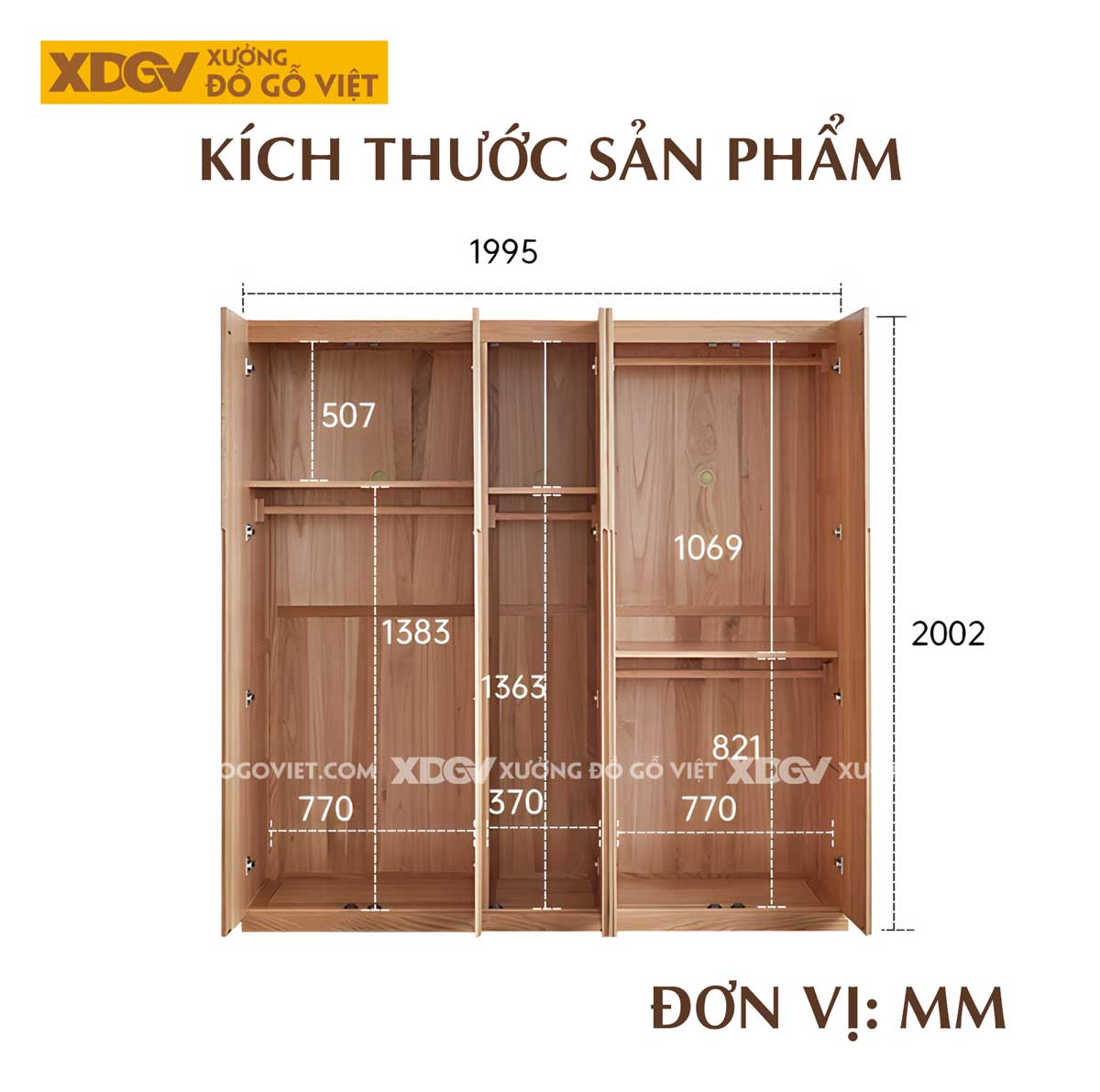Tủ Quần Áo Gỗ Veneer Sồi Màu Óc Chó Cửa Mở Tay Nắm Âm