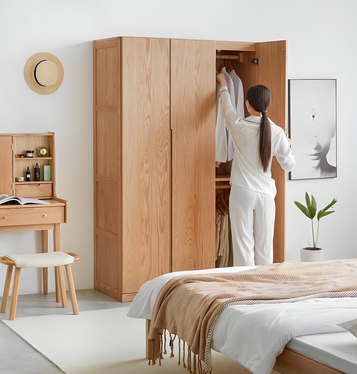 Tủ Quần Áo Gỗ Veneer Sồi Màu Óc Chó Cửa Mở Tay Nắm Âm