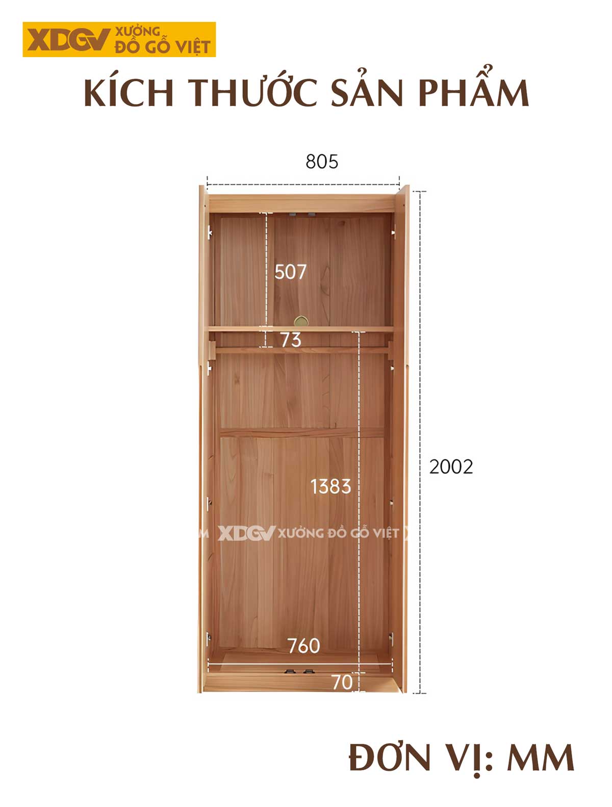 Tủ Quần Áo Gỗ Veneer Sồi Màu Óc Chó Cửa Mở Tay Nắm Âm