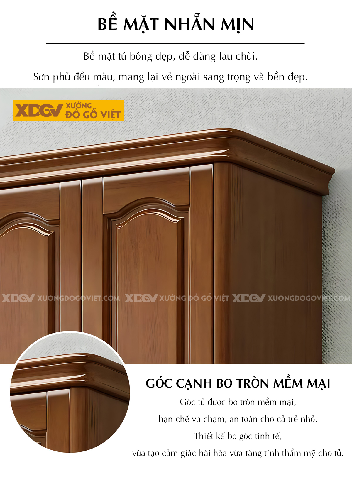 Tủ Quần Áo Gỗ Veneer Xoan Đào Tân Cổ Điển Tay Nắm Ngang