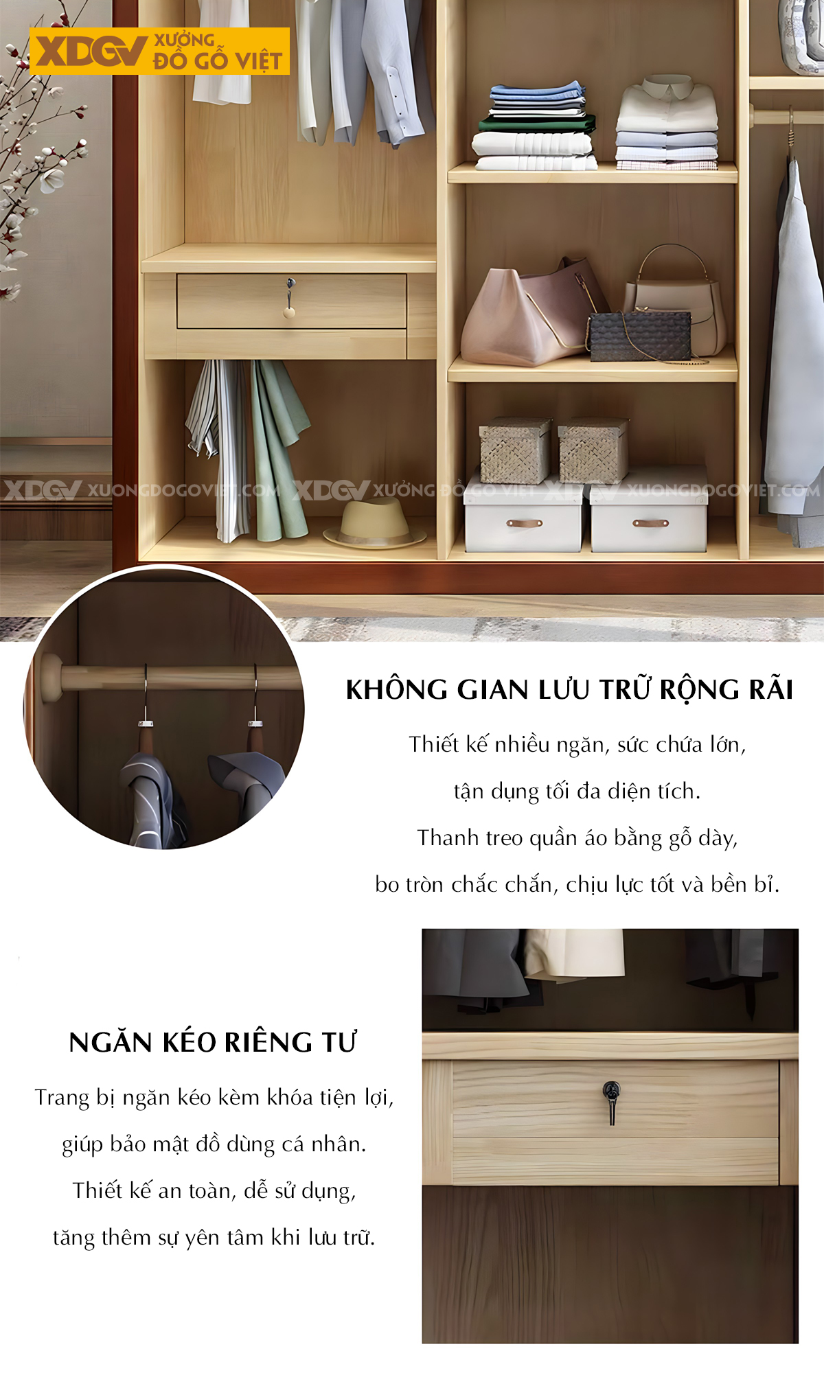 Tủ Quần Áo Gỗ Veneer Xoan Đào Tân Cổ Điển Tay Nắm Ngang