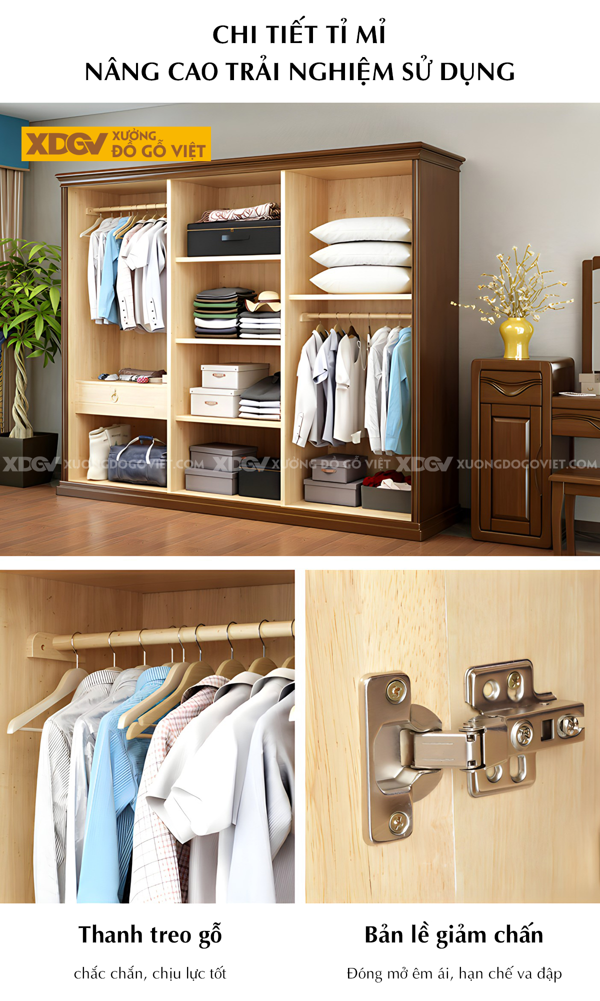 Tủ Quần Áo Gỗ Veneer Xoan Đào Tân Cổ Điển Tay Nắm Ngang