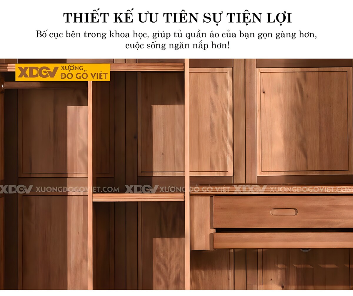 Tủ Quần Áo Gỗ Xoan Đào 2 Cánh Lớn Cửa Lùa Tay Âm Nhiều Ngăn