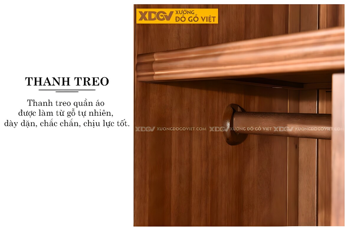 Tủ Quần Áo Gỗ Xoan Đào 2 Cánh Lớn Cửa Lùa Tay Âm Nhiều Ngăn
