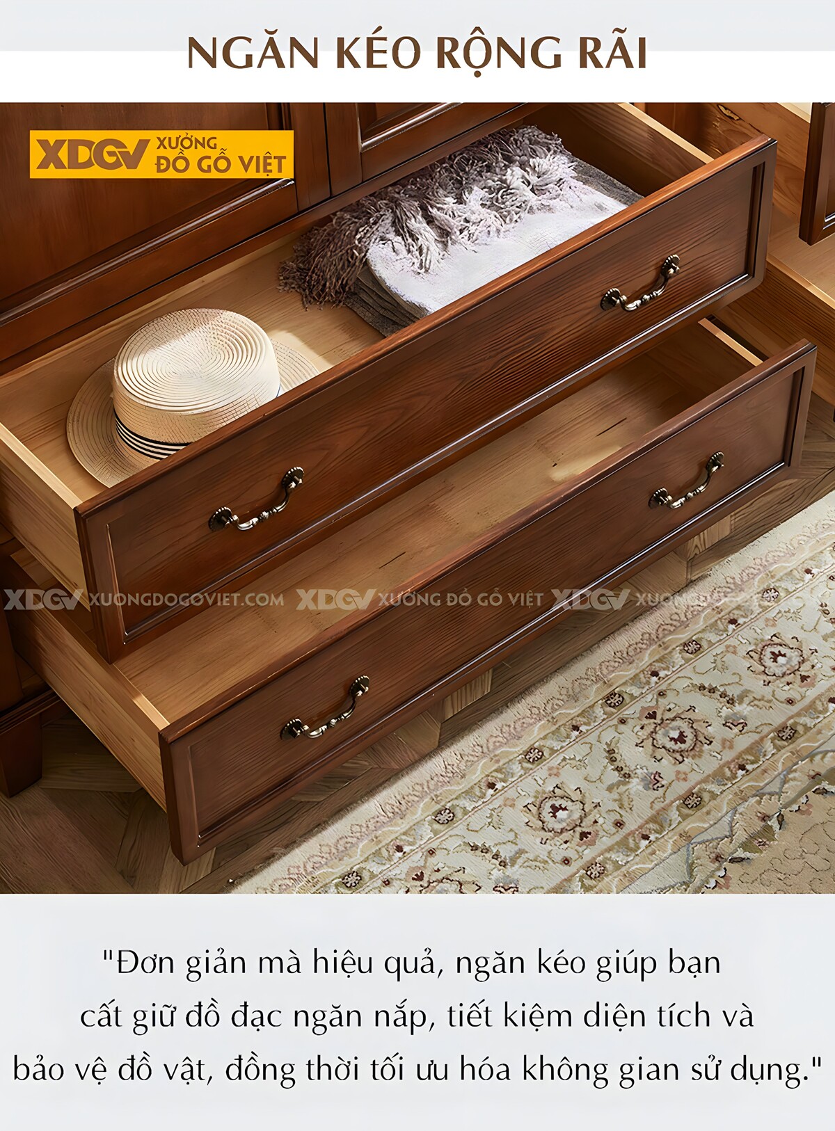 Tủ Quần Áo Gỗ Xoan Đào 3 Cánh Mở Khung Pano Ngăn Kéo Dưới