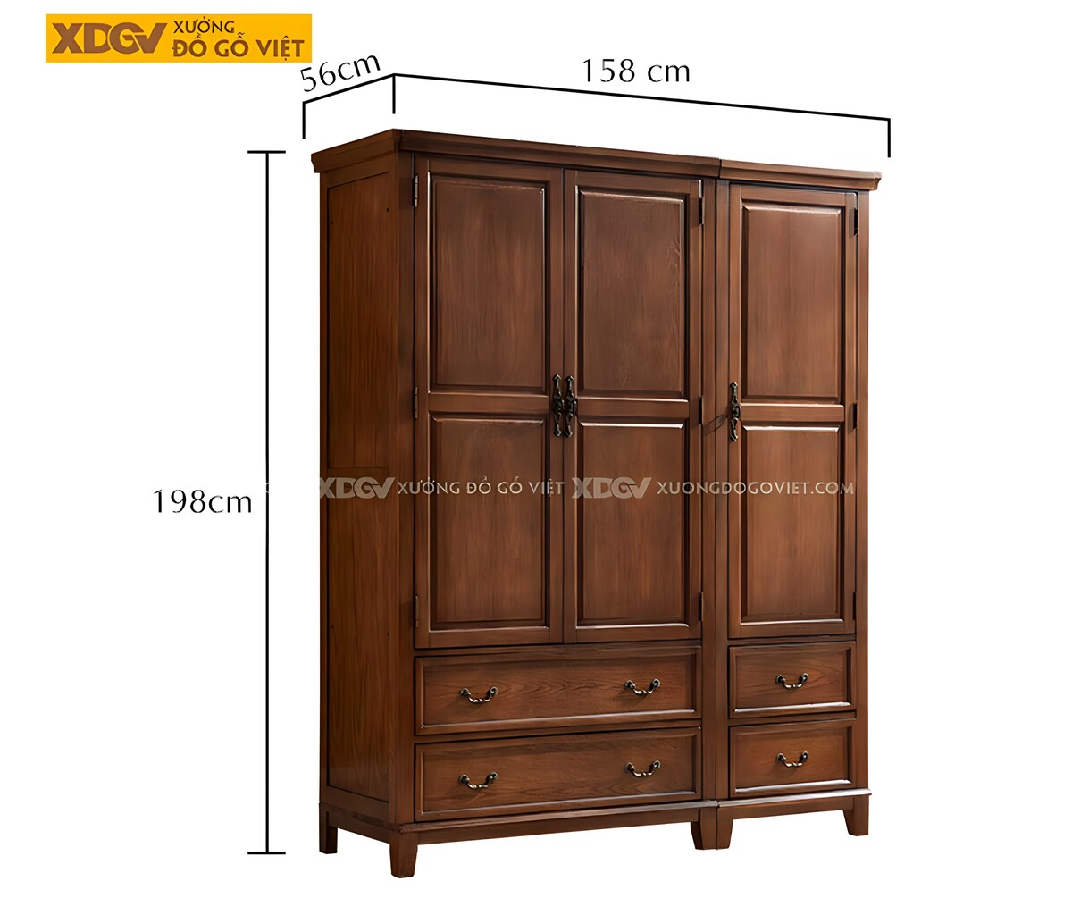 Tủ Quần Áo Gỗ Xoan Đào 3 Cánh Mở Khung Pano Ngăn Kéo Dưới
