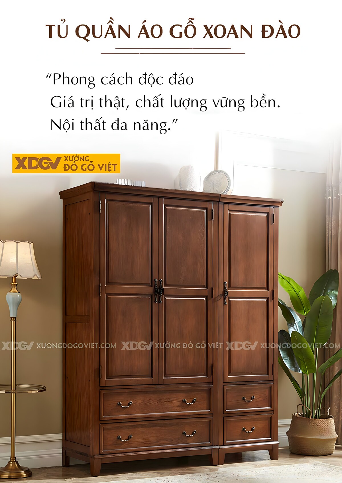 Tủ Quần Áo Gỗ Xoan Đào 3 Cánh Mở Khung Pano Ngăn Kéo Dưới