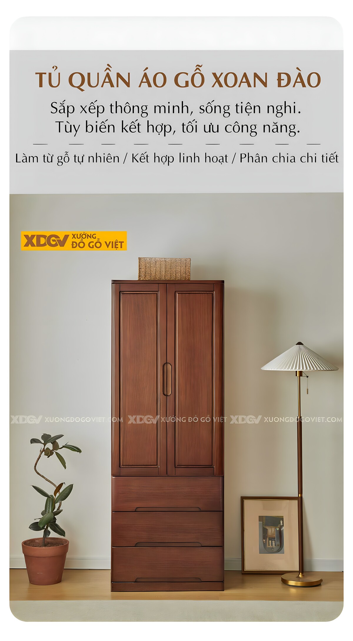 Tủ Quần Áo Gỗ Xoan Đào 4 Cánh Tối Giản Tay Âm Có Ngăn Kéo
