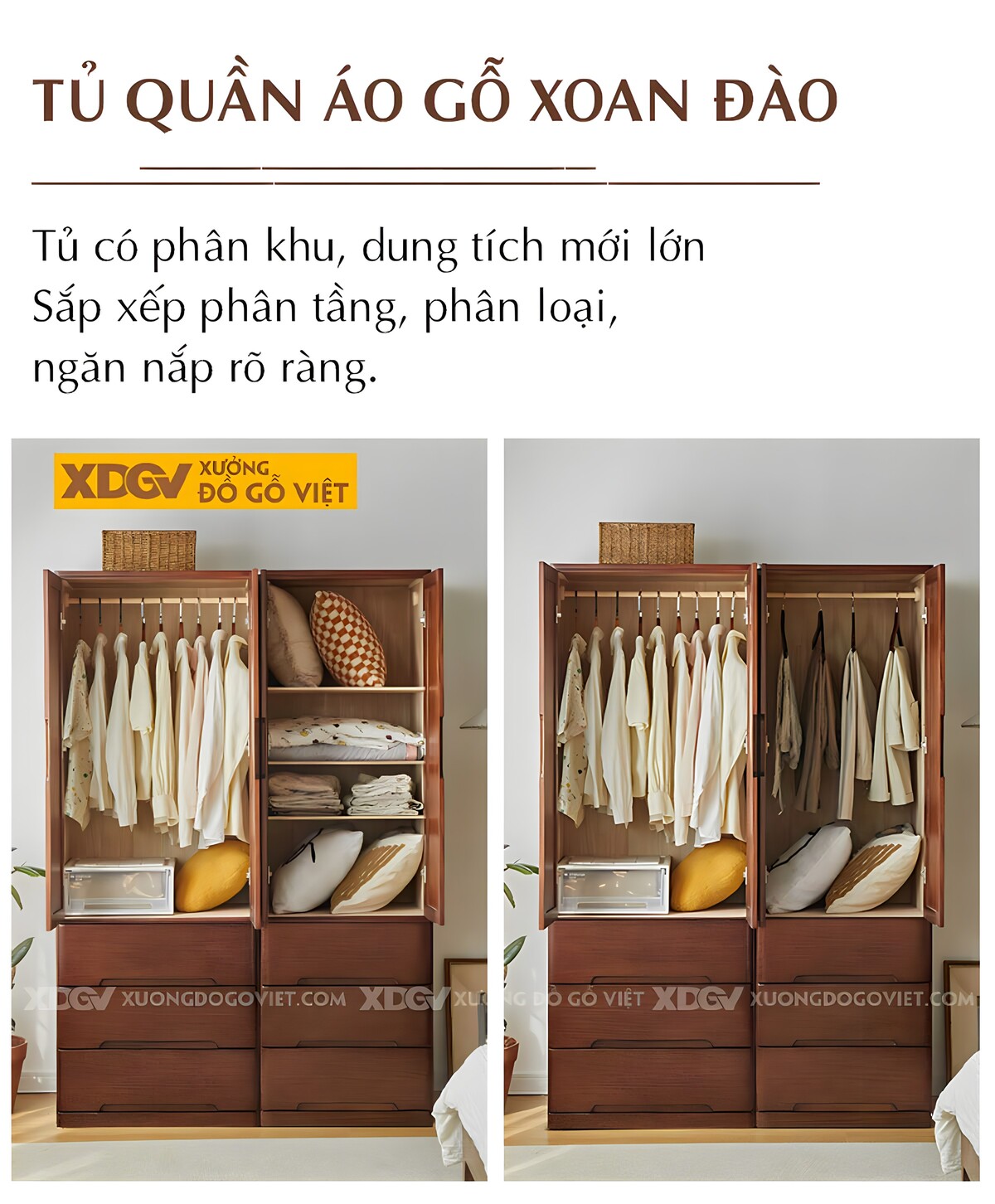 Tủ Quần Áo Gỗ Xoan Đào 4 Cánh Tối Giản Tay Âm Có Ngăn Kéo