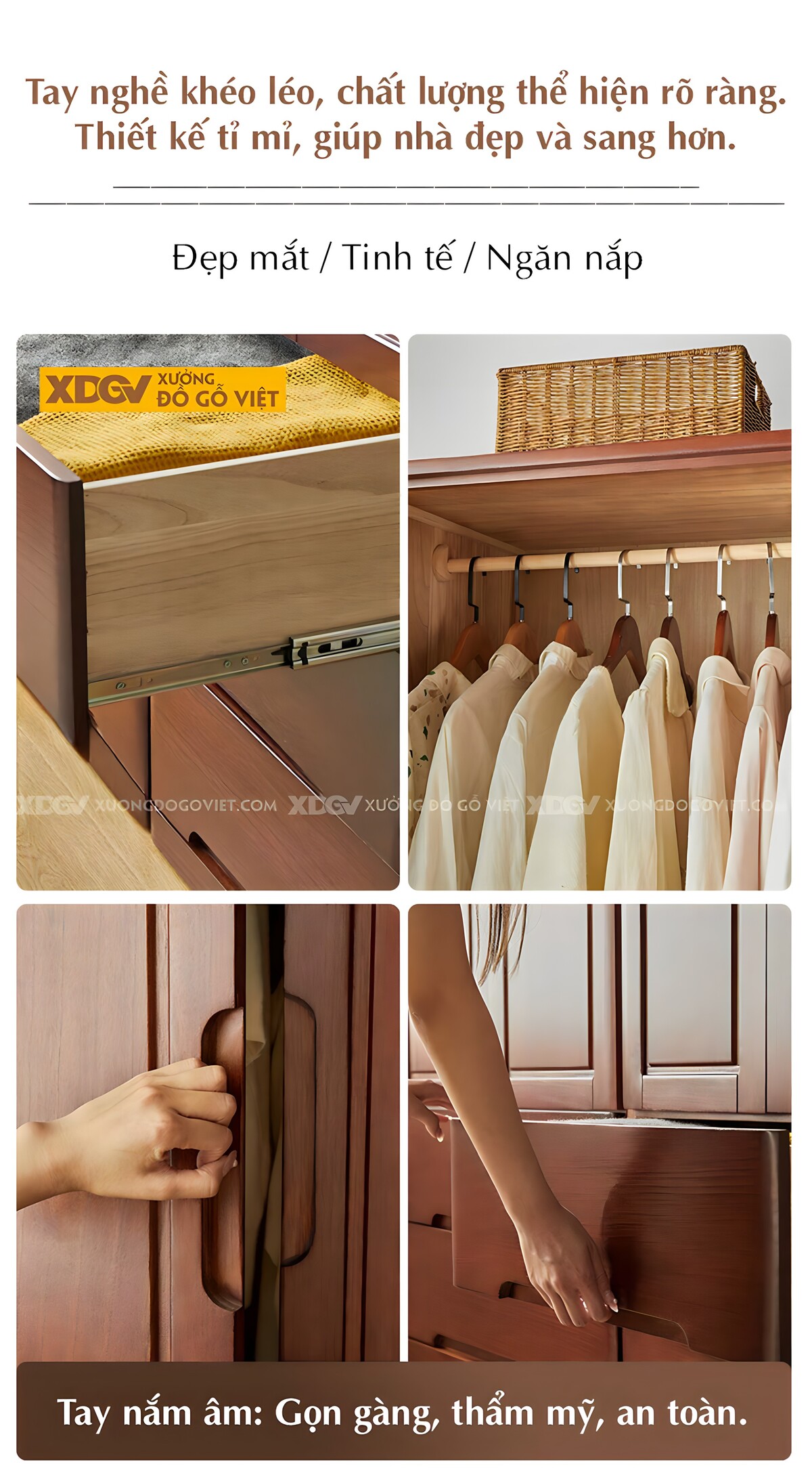 Tủ Quần Áo Gỗ Xoan Đào 4 Cánh Tối Giản Tay Âm Có Ngăn Kéo