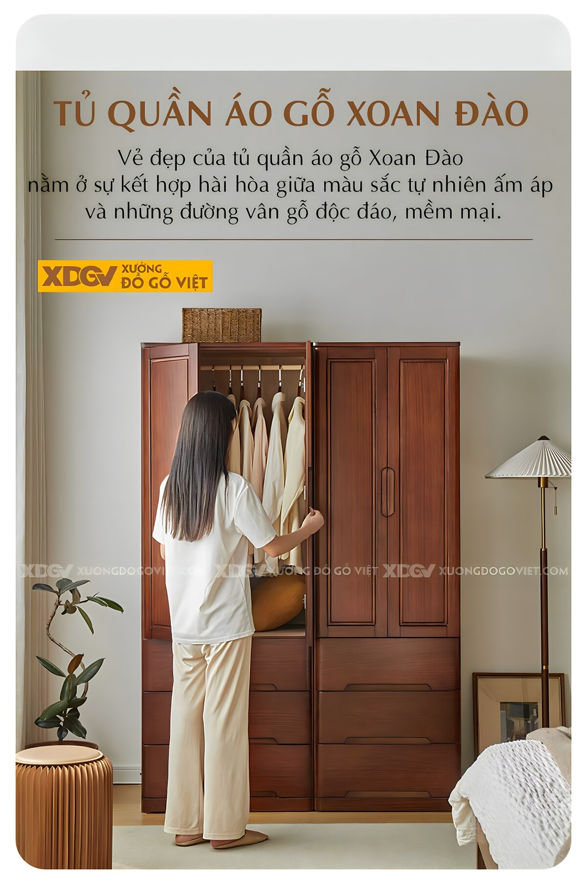 Tủ Quần Áo Gỗ Xoan Đào 4 Cánh Tối Giản Tay Âm Có Ngăn Kéo