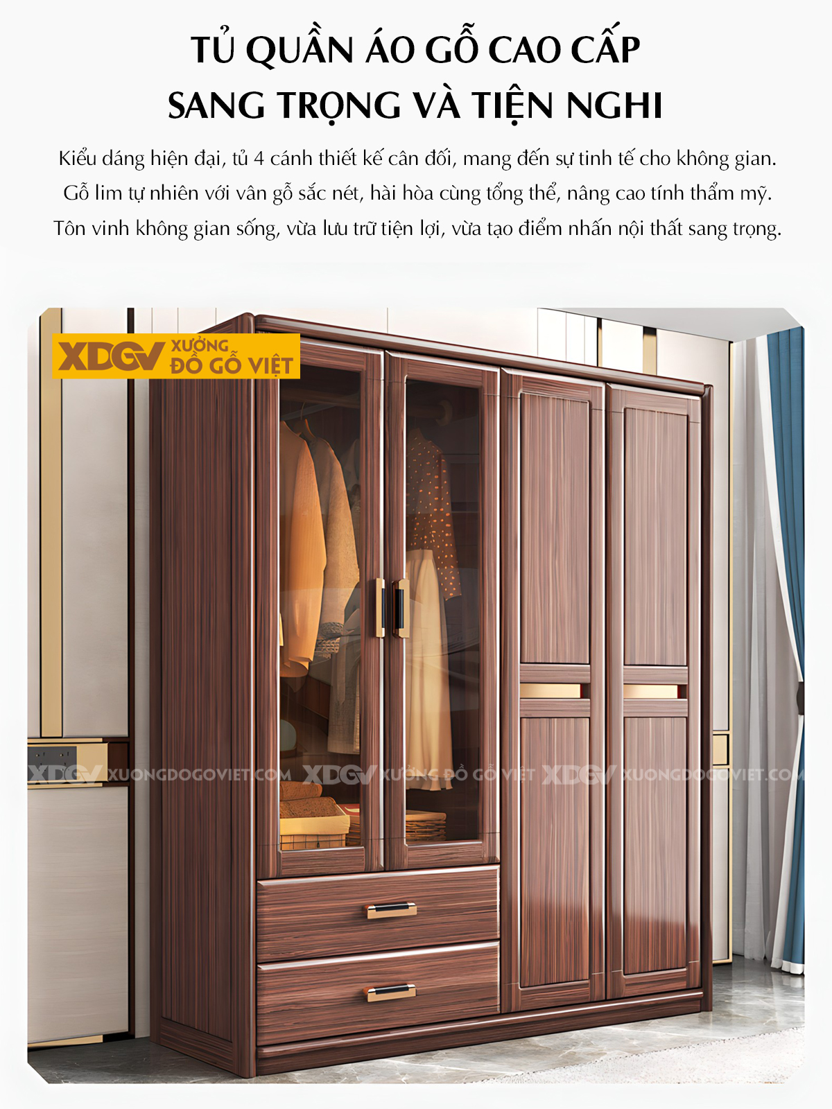 Tủ Quần Áo Kết Hợp Bàn Trang Điểm Gỗ Lim Cánh Kính Trà Nhạt