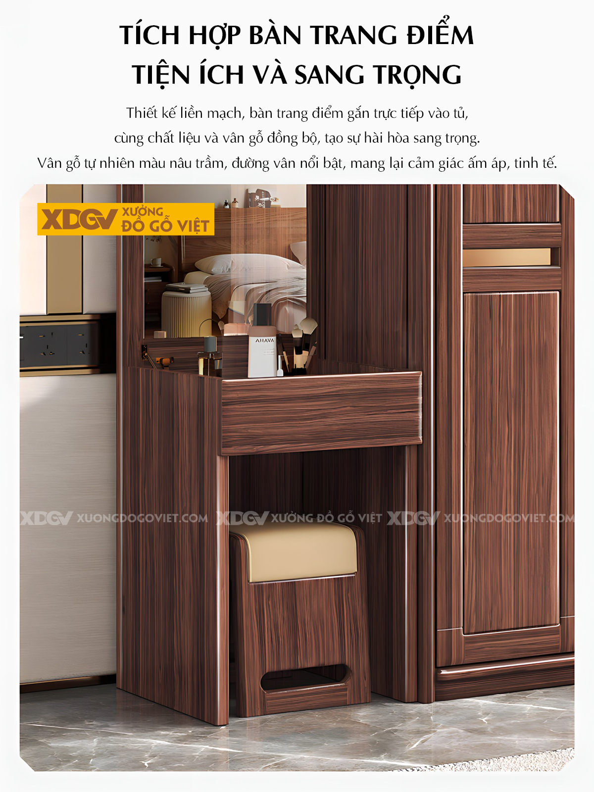 Tủ Quần Áo Kết Hợp Bàn Trang Điểm Gỗ Lim Cánh Kính Trà Nhạt