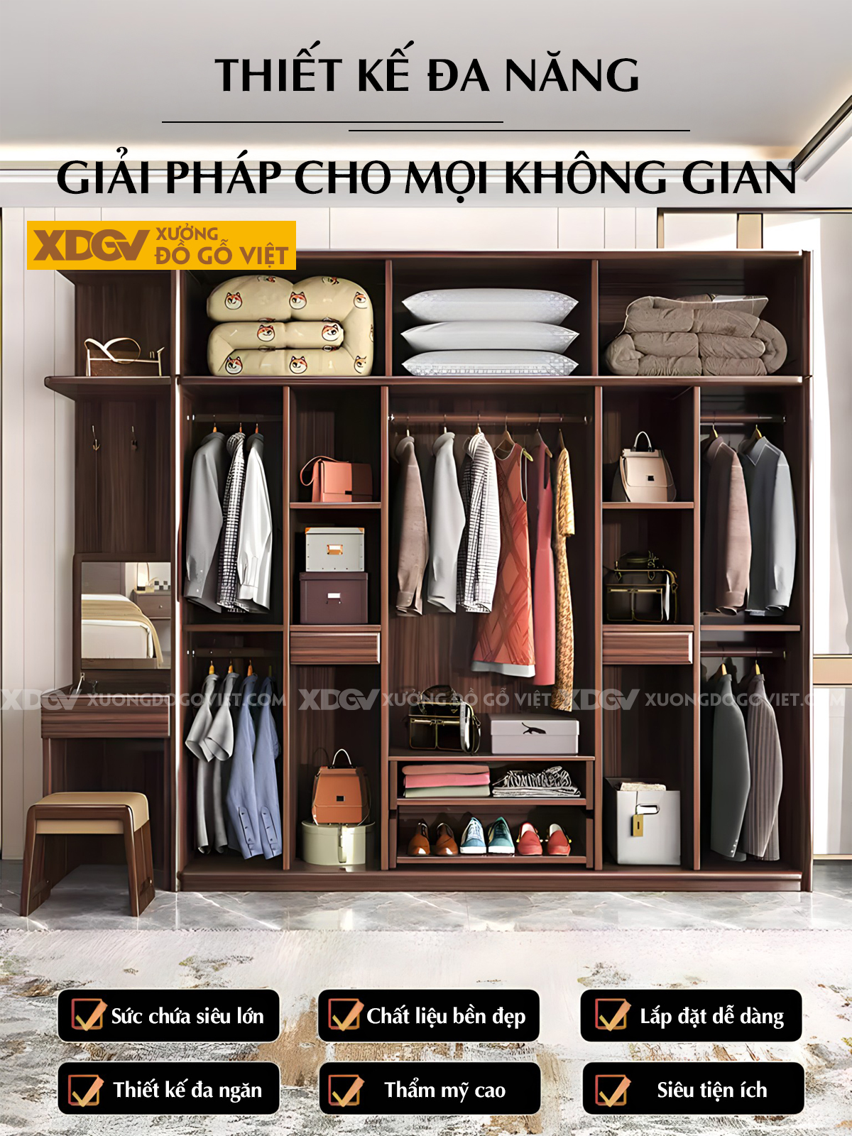Tủ Quần Áo Kết Hợp Bàn Trang Điểm Gỗ Lim Cánh Kính Trà Nhạt