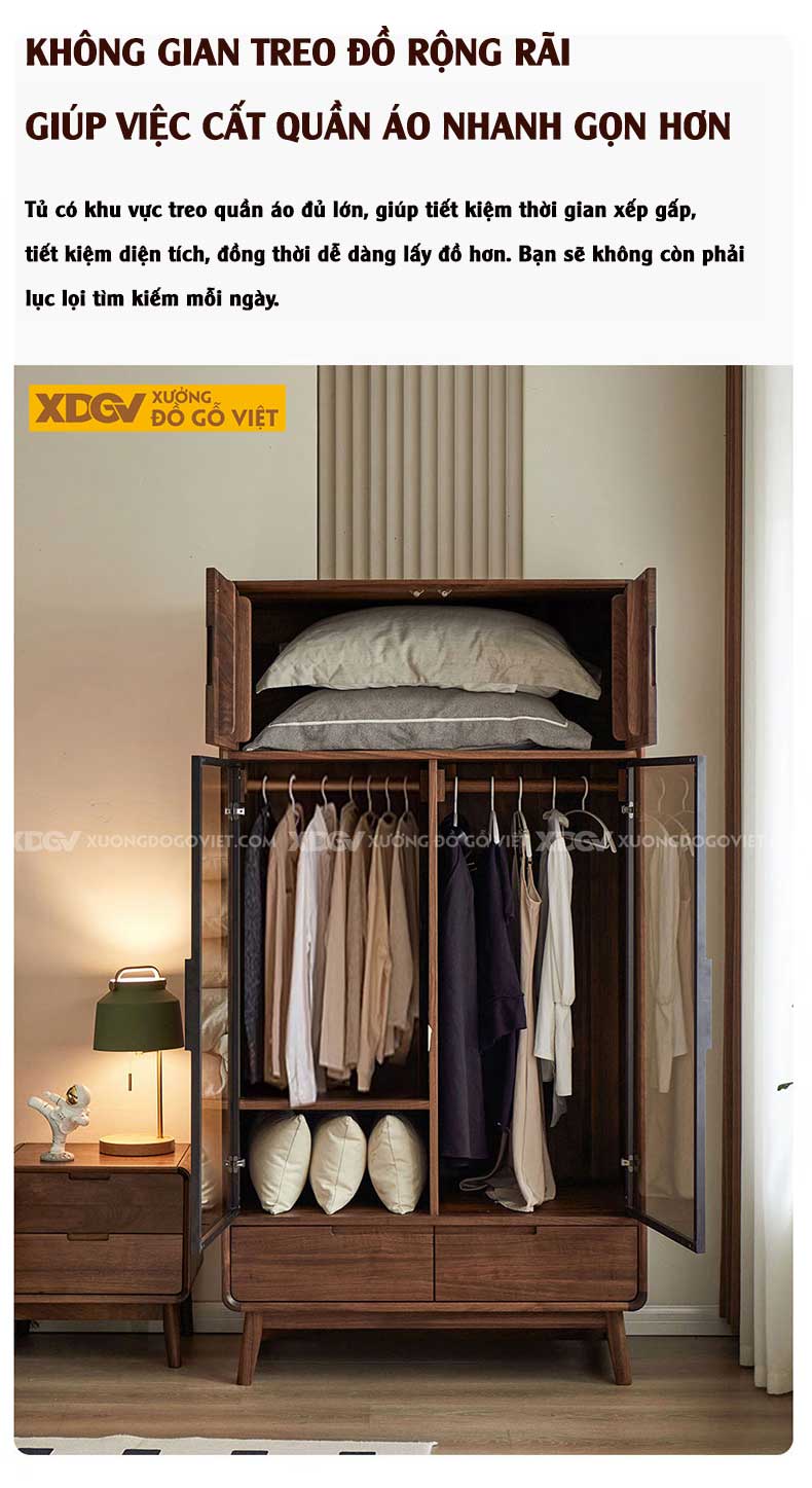 Tủ Quần Áo Mặt Gỗ Óc Chó Bo Góc Chân Cao 2 Cánh Kính Đen Mờ