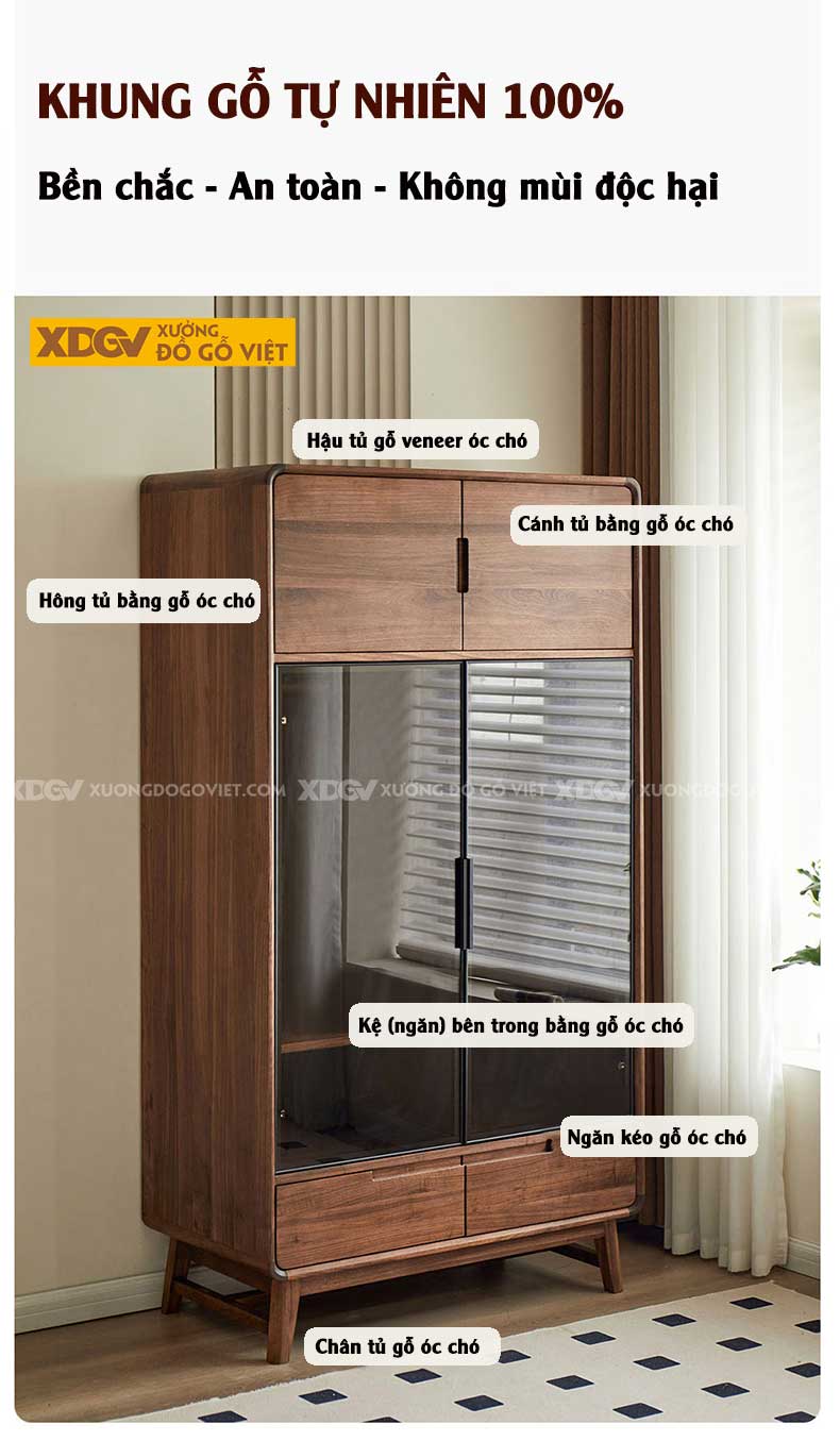 Tủ Quần Áo Mặt Gỗ Óc Chó Bo Góc Chân Cao 2 Cánh Kính Đen Mờ