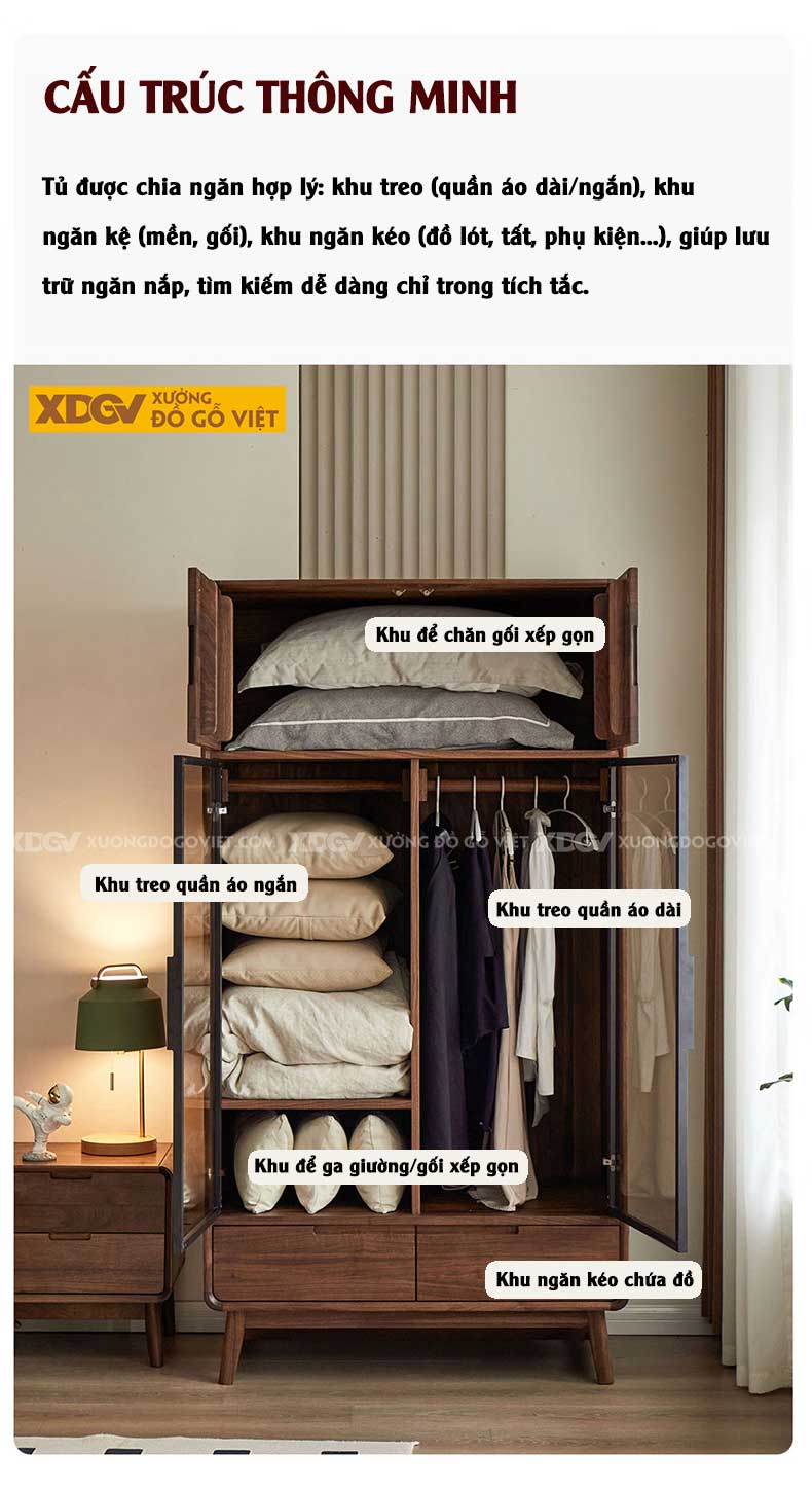 Tủ Quần Áo Mặt Gỗ Óc Chó Bo Góc Chân Cao 2 Cánh Kính Đen Mờ