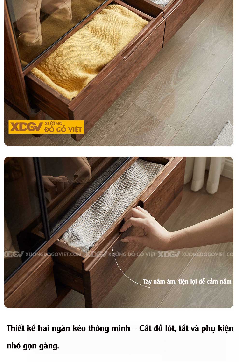 Tủ Quần Áo Mặt Gỗ Óc Chó Bo Góc Chân Cao 2 Cánh Kính Đen Mờ