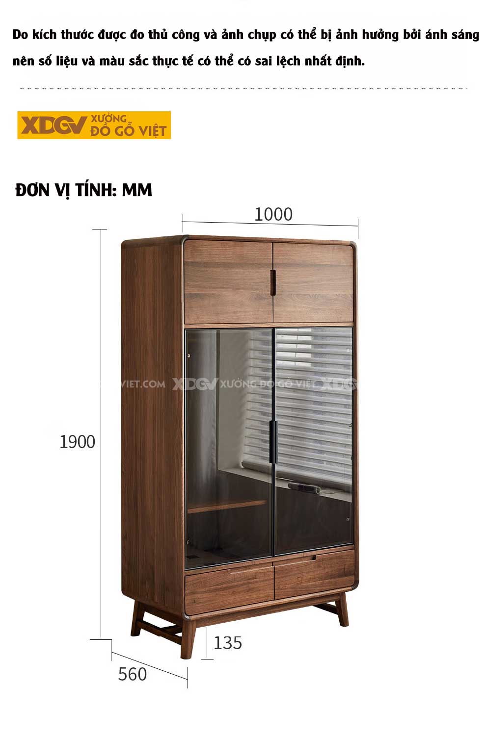 Tủ Quần Áo Mặt Gỗ Óc Chó Bo Góc Chân Cao 2 Cánh Kính Đen Mờ