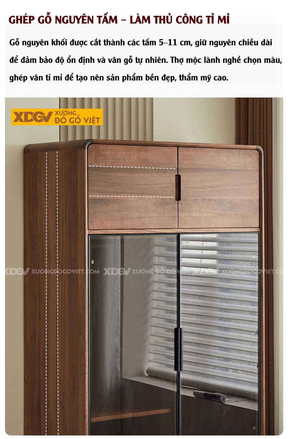 Tủ Quần Áo Mặt Gỗ Óc Chó Bo Góc Chân Cao 2 Cánh Kính Đen Mờ