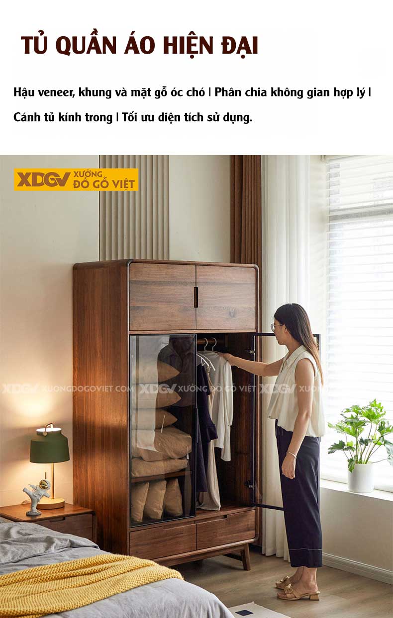Tủ Quần Áo Mặt Gỗ Óc Chó Bo Góc Chân Cao 2 Cánh Kính Đen Mờ