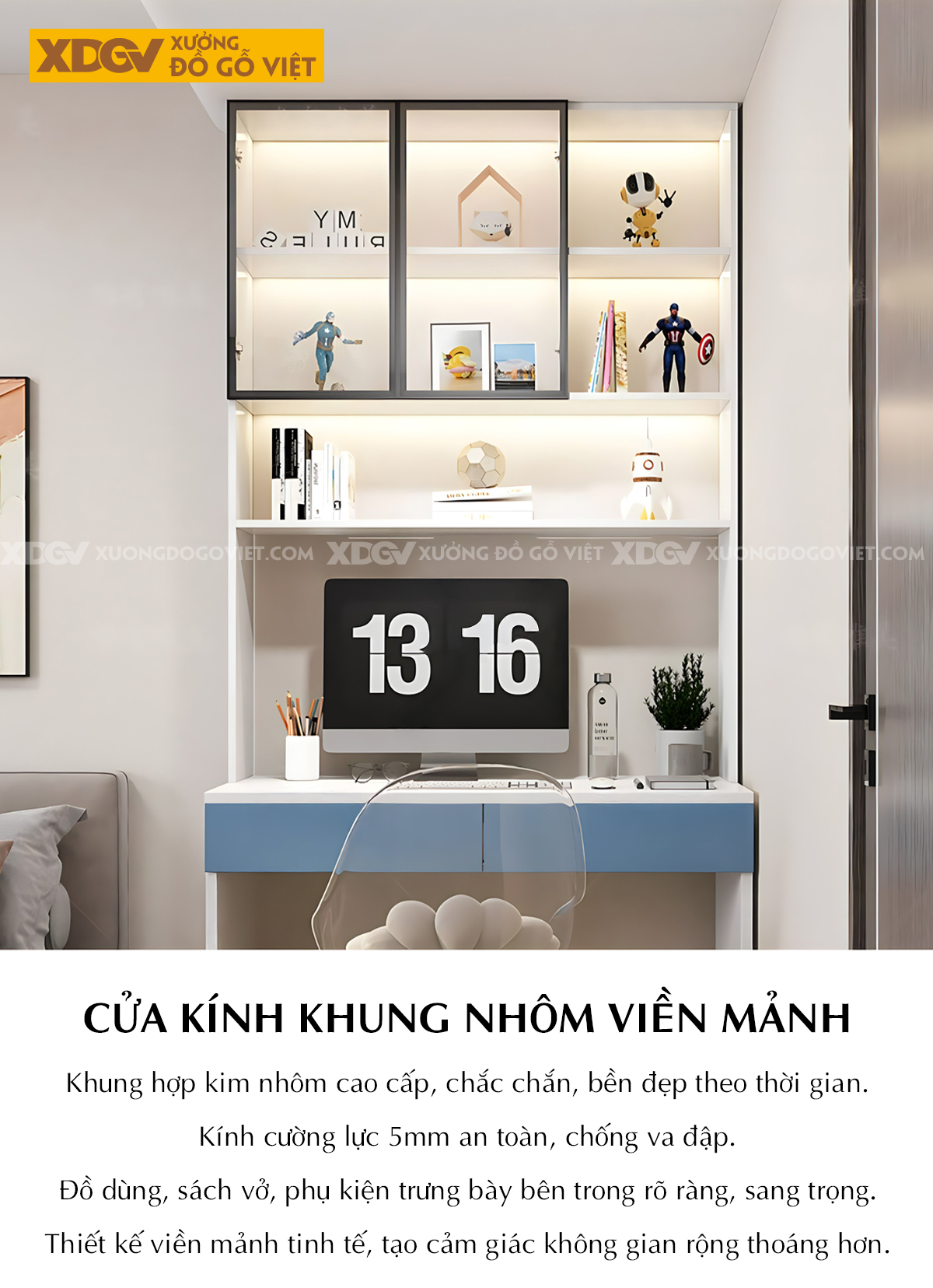 Tủ Quần Áo MDF Kết Hợp Bàn Học Kệ Trang Trí Gắn Đèn Led