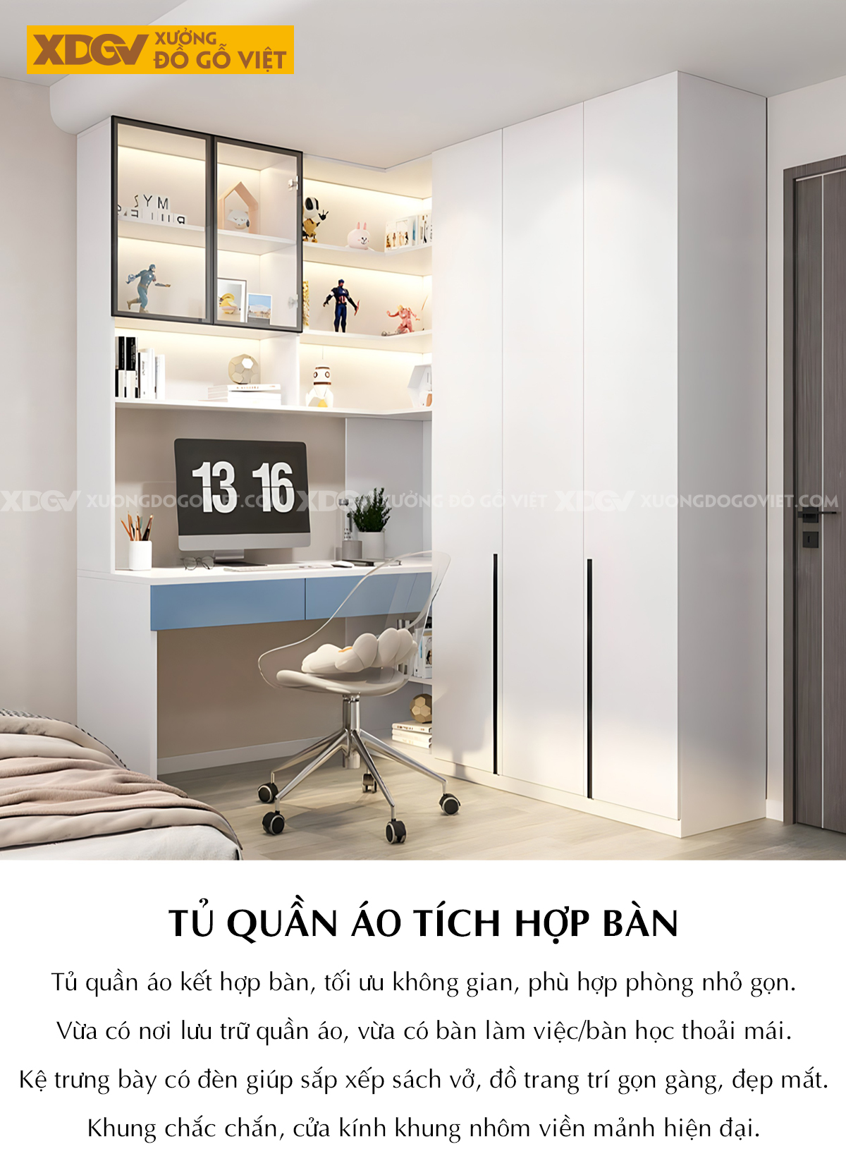 Tủ Quần Áo MDF Kết Hợp Bàn Học Kệ Trang Trí Gắn Đèn Led