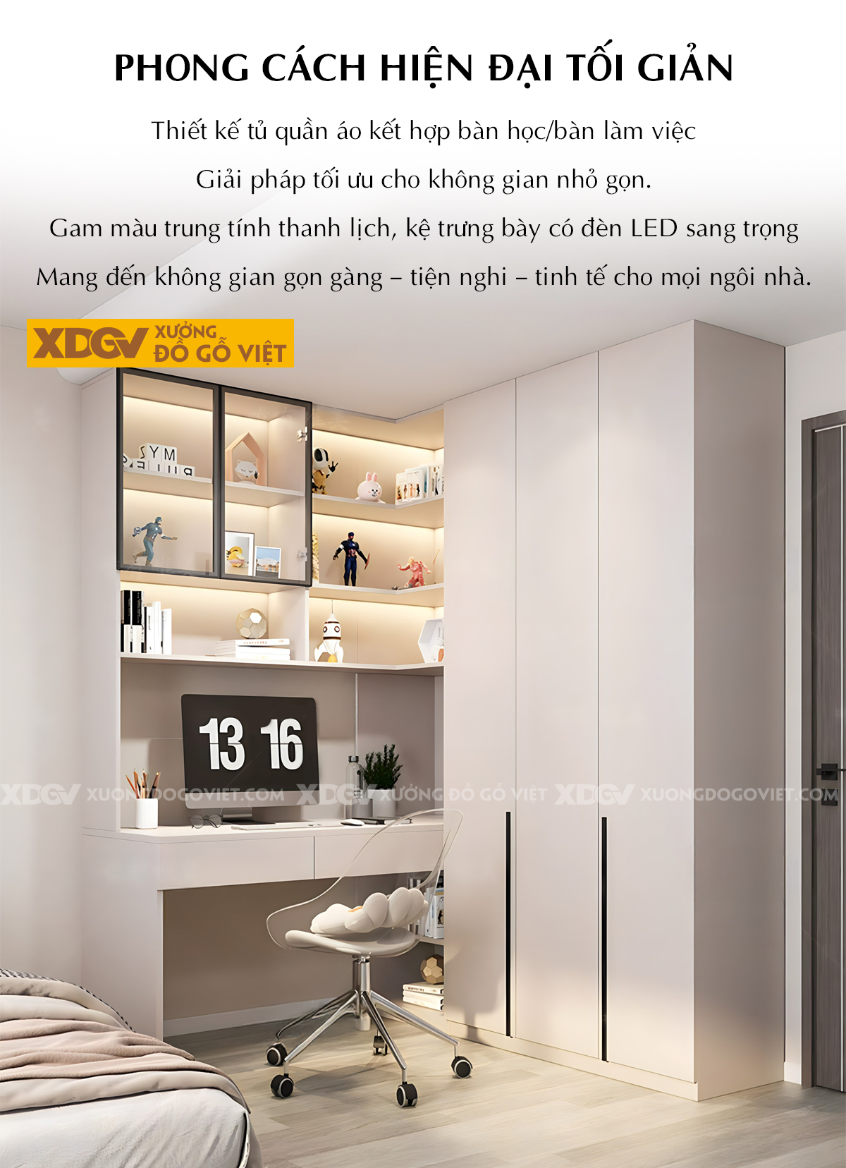 Tủ Quần Áo MDF Kết Hợp Bàn Học Kệ Trang Trí Gắn Đèn Led