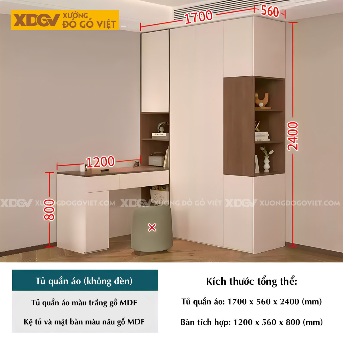 Tủ Quần Áo MDF Kết Hợp Bàn Trang Điểm Cánh Sơn Trắng Đẹp