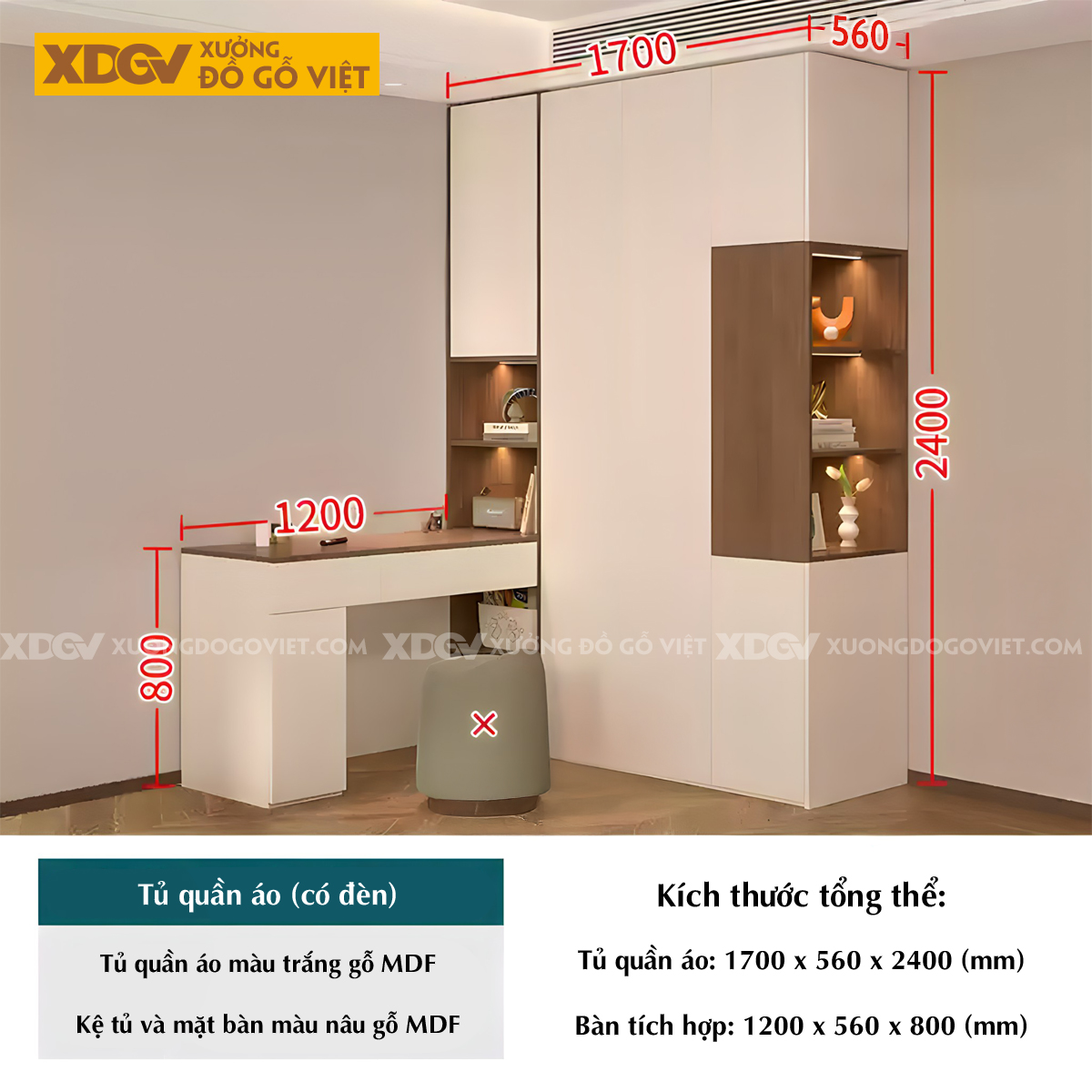 Tủ Quần Áo MDF Kết Hợp Bàn Trang Điểm Cánh Sơn Trắng Đẹp