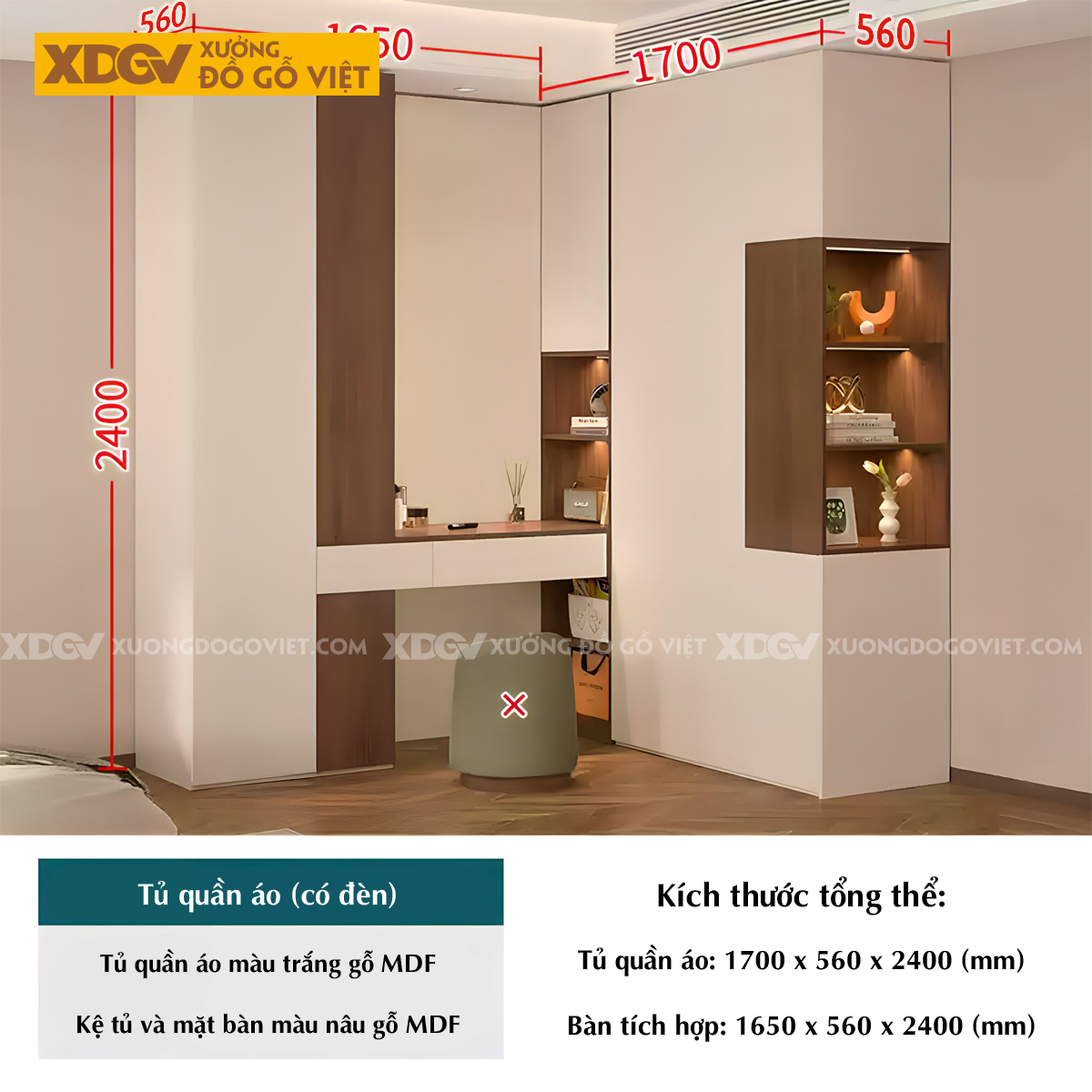 Tủ Quần Áo MDF Kết Hợp Bàn Trang Điểm Cánh Sơn Trắng Đẹp