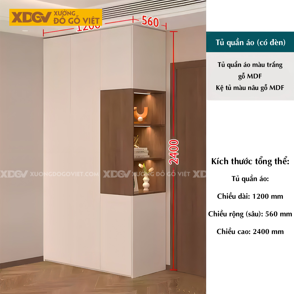 Tủ Quần Áo MDF Kết Hợp Bàn Trang Điểm Cánh Sơn Trắng Đẹp