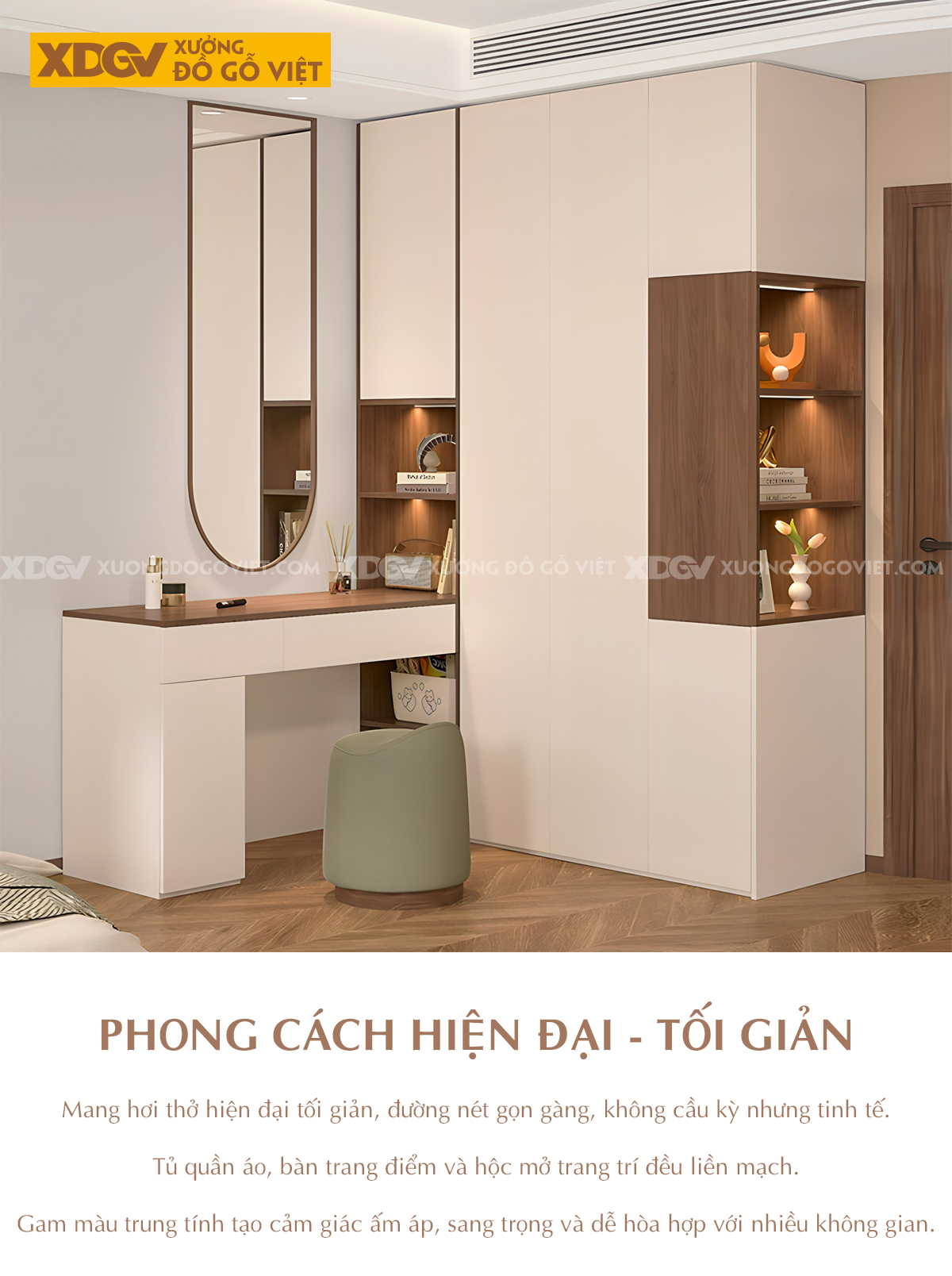 Tủ Quần Áo MDF Kết Hợp Bàn Trang Điểm Cánh Sơn Trắng Đẹp