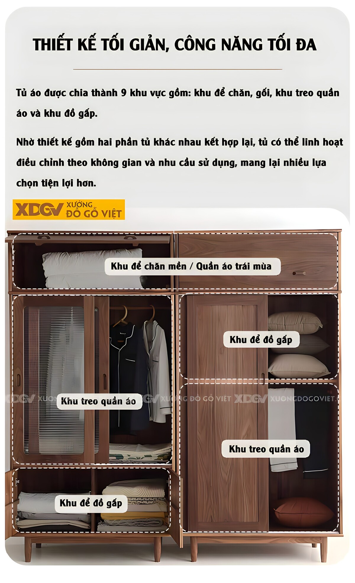 Tủ Quần Áo Óc Chó Hiện Đại Cửa Lùa 2 Hệ Loại Gỗ Và Kính Mờ