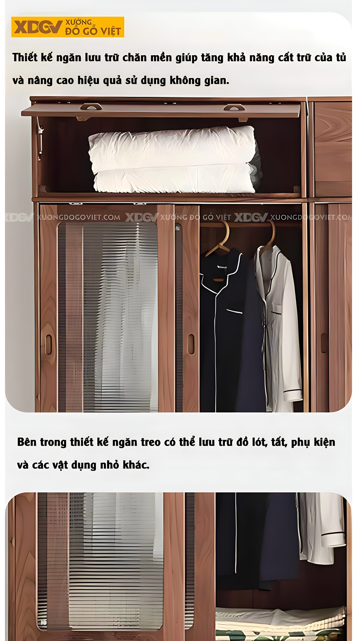 Tủ Quần Áo Óc Chó Hiện Đại Cửa Lùa 2 Hệ Loại Gỗ Và Kính Mờ